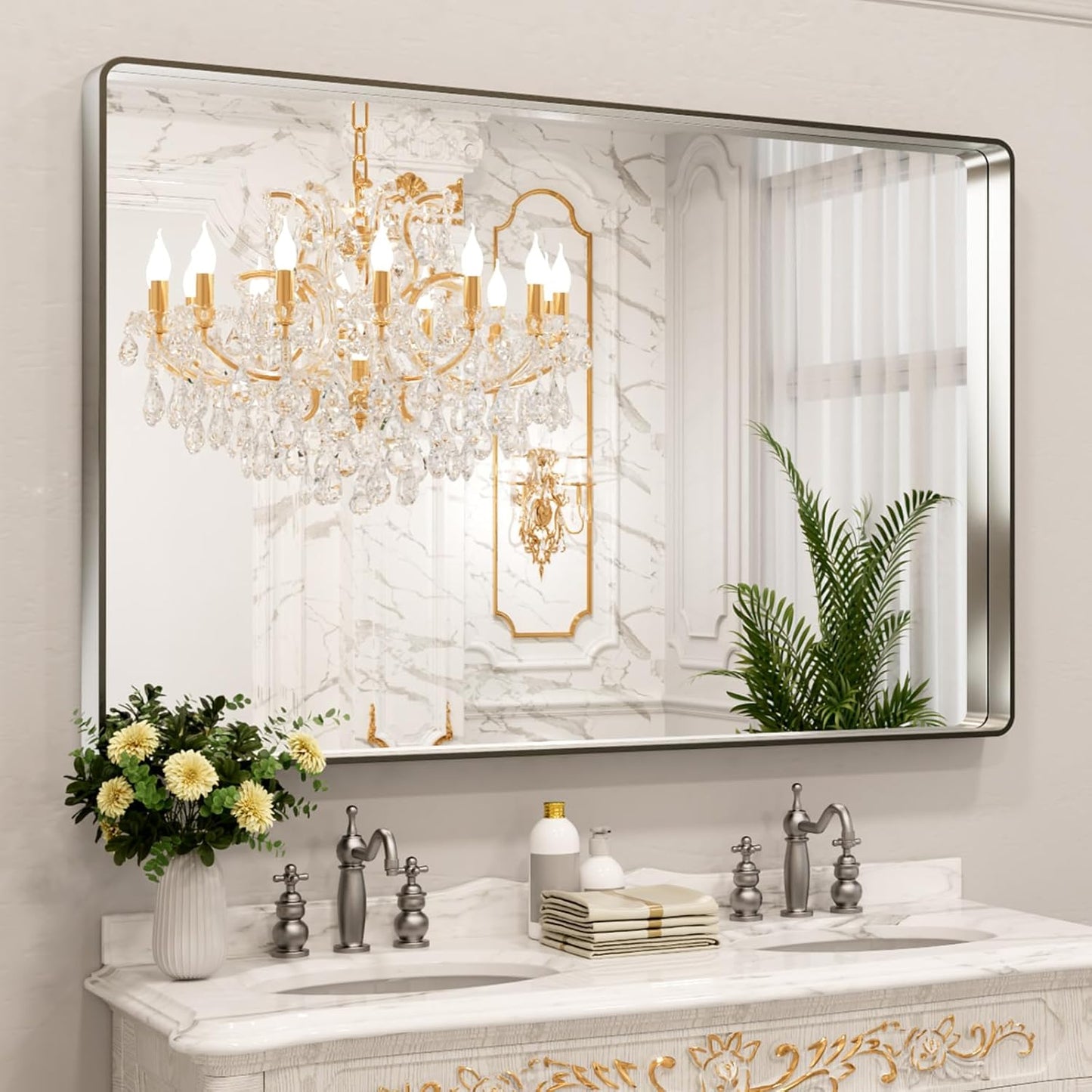 50X30 Inch Black Metal Framed Bathroom Mirror for Wall, Matte Black Bathroom Vanity Mirror Farmhouse, Large Rounded Rectangle Mirror, Anti-Rust, Tempered Glass, Hangs Horizontally or Vertically