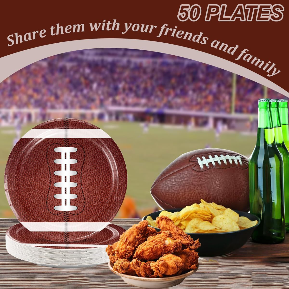 50PCS Football Party Paper Plates, Disposable Football Plates, Perfect for Super Bowl Game Day Birthday Party Supplies Decorations