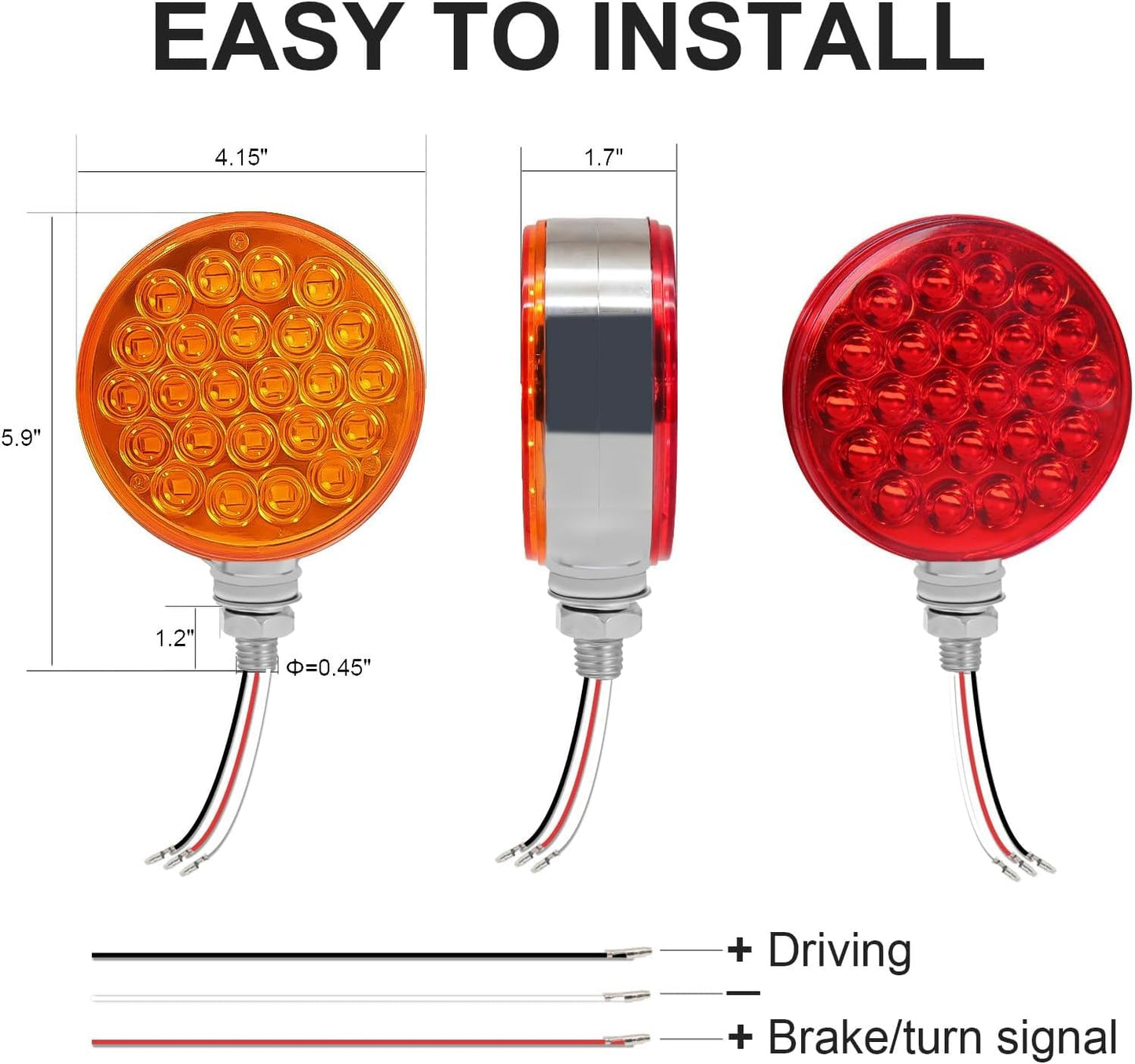 4" round Pedestal Fender Lights, 48 LED Double Face Turn Signal Light for Semi Truck Trailer Towing, 2PCS Amber Red Marker Tail Light for Tractor RV Brake Running Turning TRUCK DRIVER