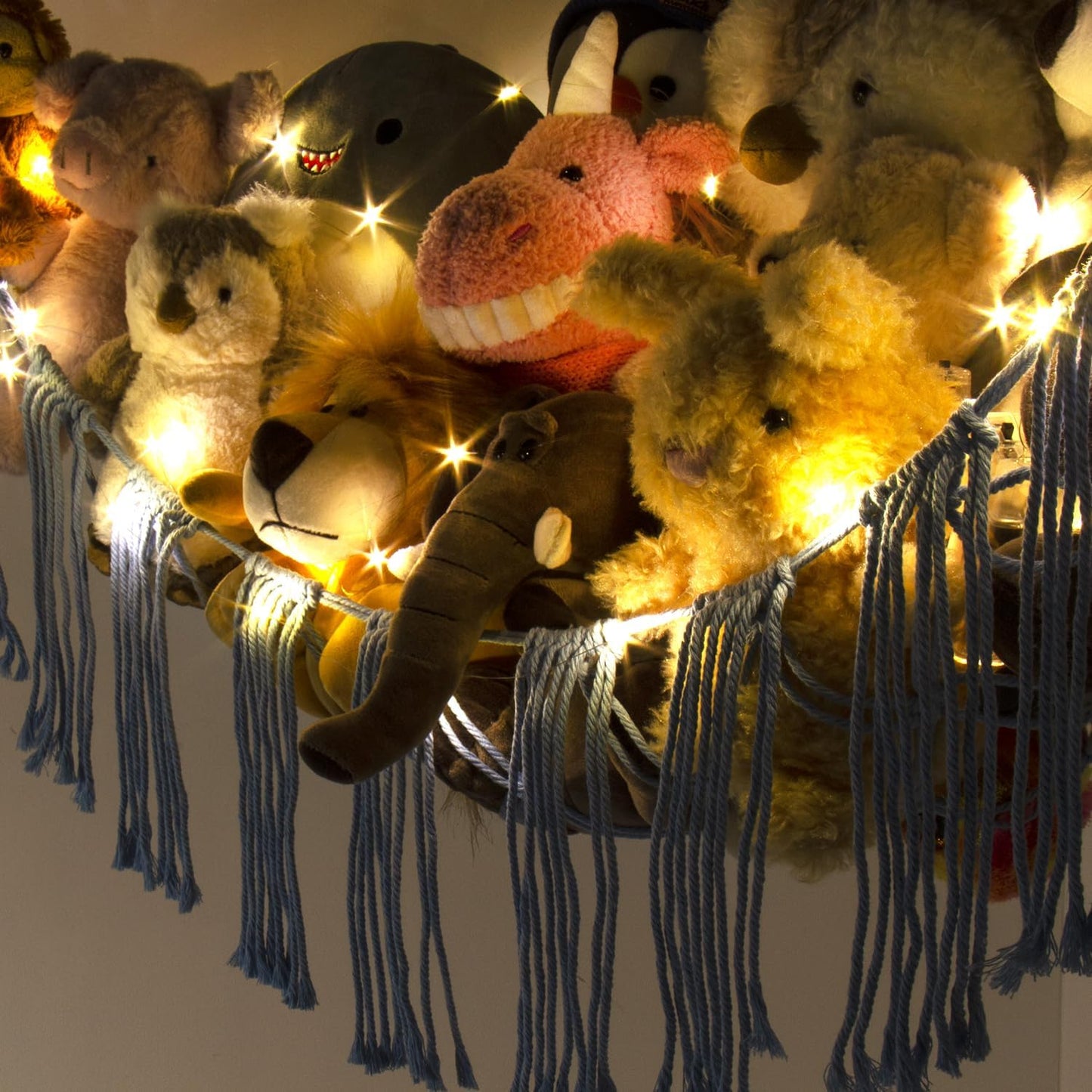 Stuffed Animal Hammock Corner with LED Light - Toy Storage Hammock Plushie Net Organizer - Teddy Bear Stuffy Hammock - Cute Blue Things for Bedroom - Wall Ceiling Hanging Decor