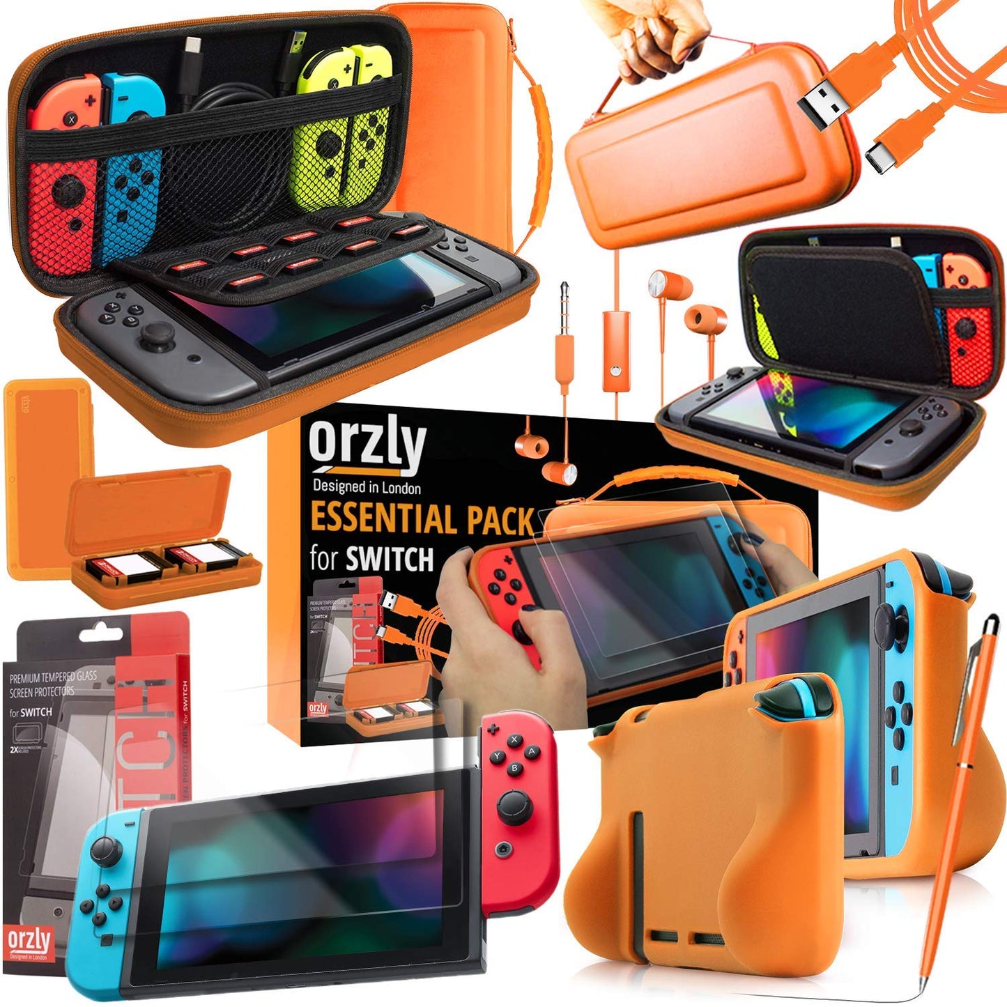 Switch Accessories Bundle - Essentials Pack for Nintendo Switch OLED Case & Screen Protector , Grip Case, Games Holder, Headphones - Classic Black Edition