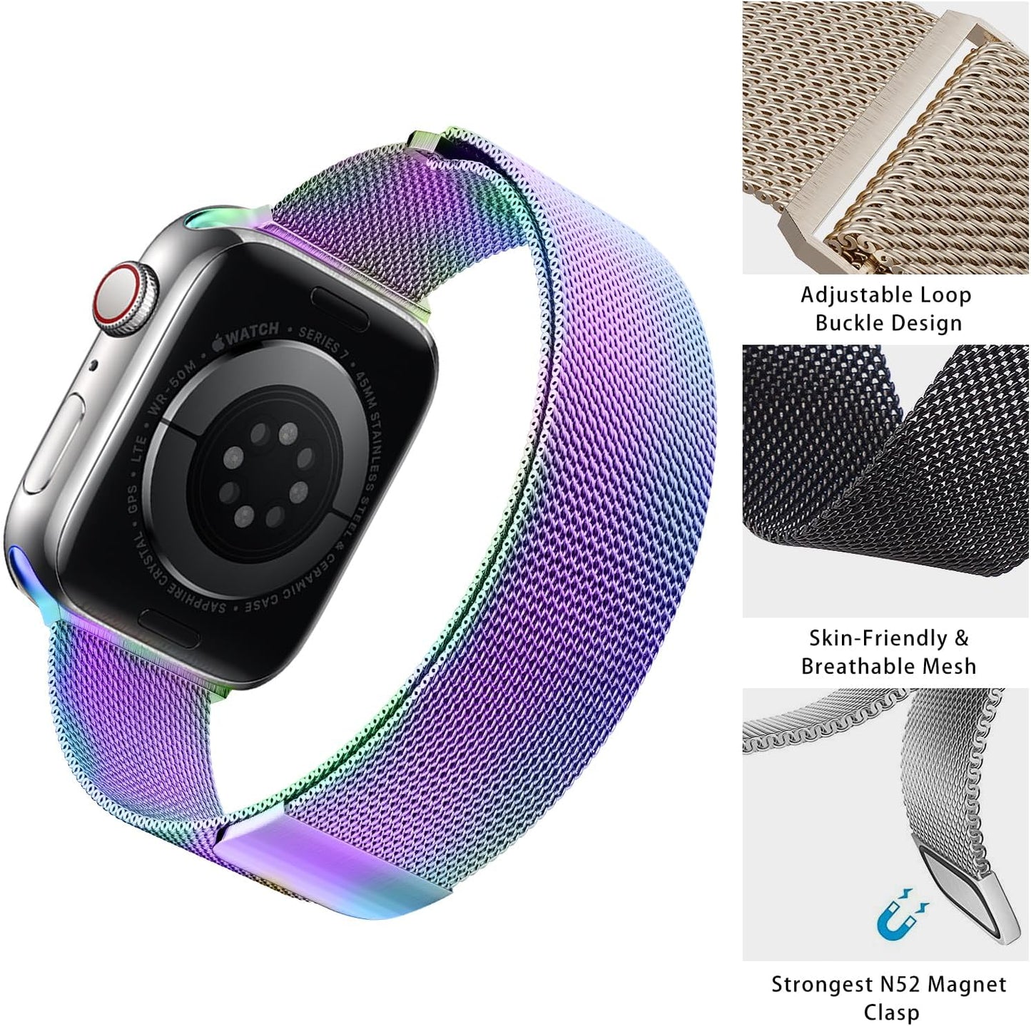 Magnetic Loop Band Compatible with Apple Watch S9/8/7/6/5/4/3 38/40/41/42/44/45/49Mm, Ultra 1/2 49MM, Classy Stainless Steel Metal Mesh Strap Fit Iwatch SE, Women Men