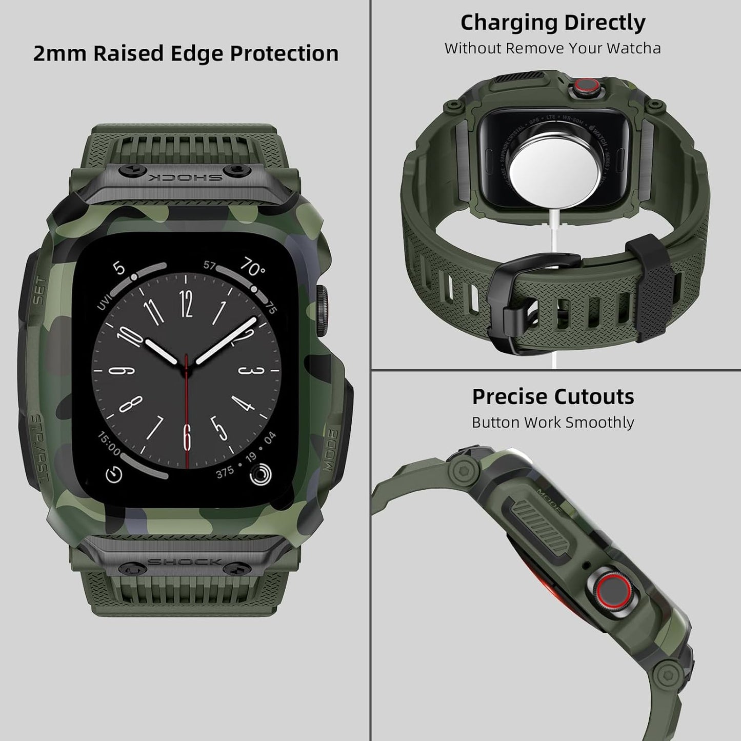 Compatible for Apple Watch Band 45Mm 44Mm 42Mm with Case,Men Rugged Sport Military TPU with Metal Pieces Strap with Bumper Cover for Iwatch Series 9/8/7/6/SE/5/4/3/2/1
