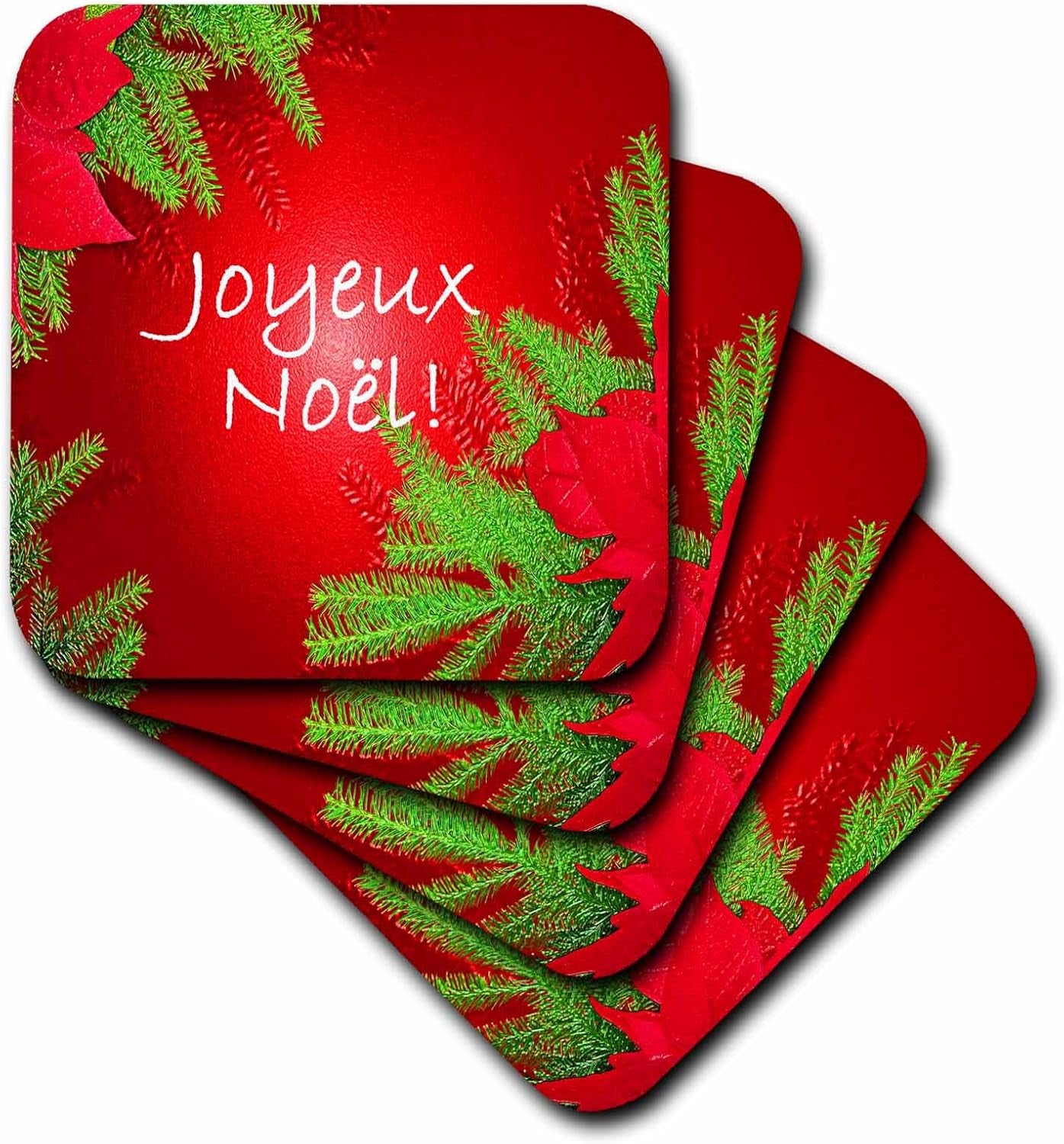 CST_8686_4 Christmas Poinsettia Joyeux Noel in Red-Ceramic Tile Coasters, Set of 8