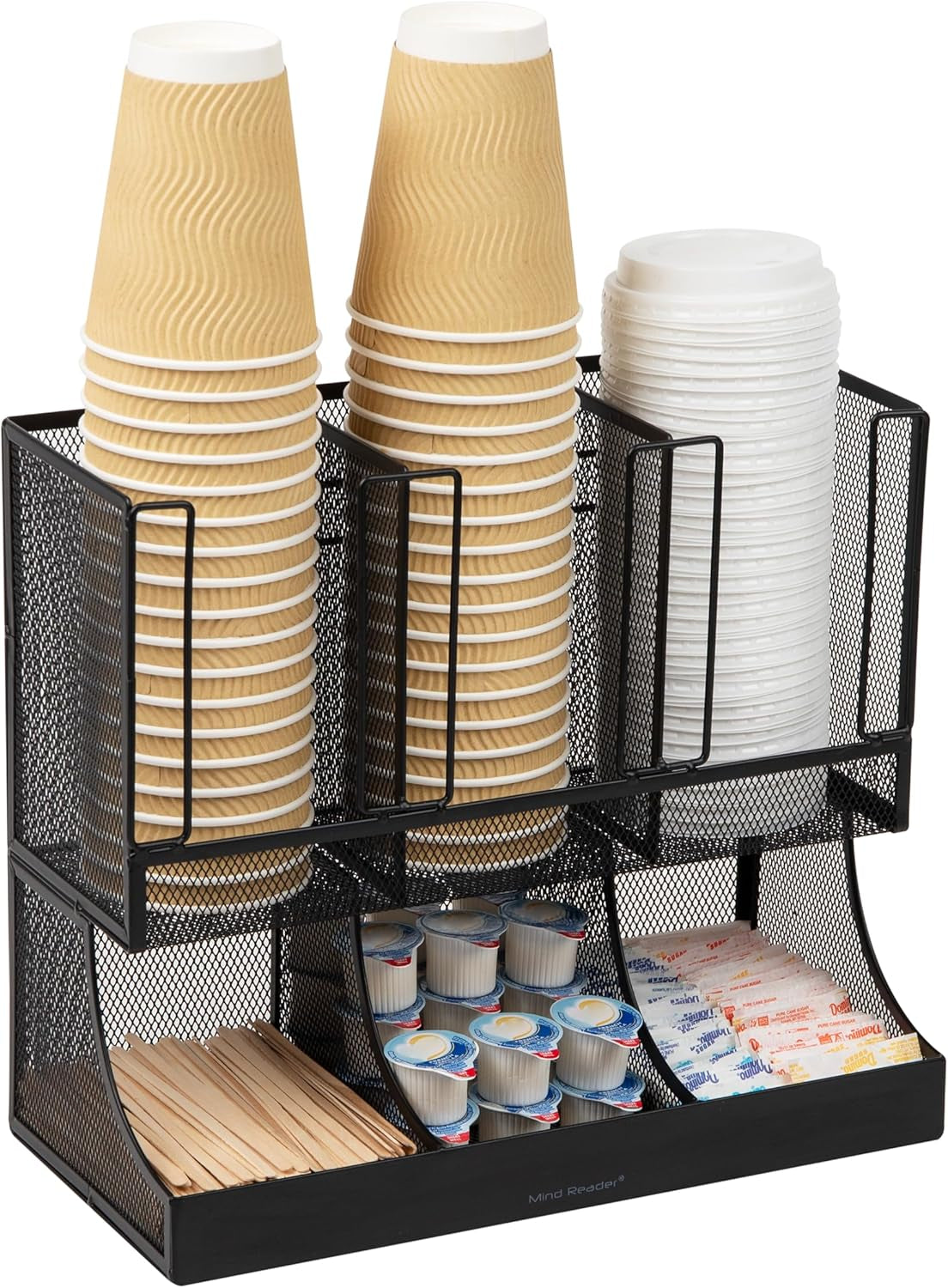 6 Compartment Upright Breakroom Coffee Condiment and Cup Storage Organizer, Black