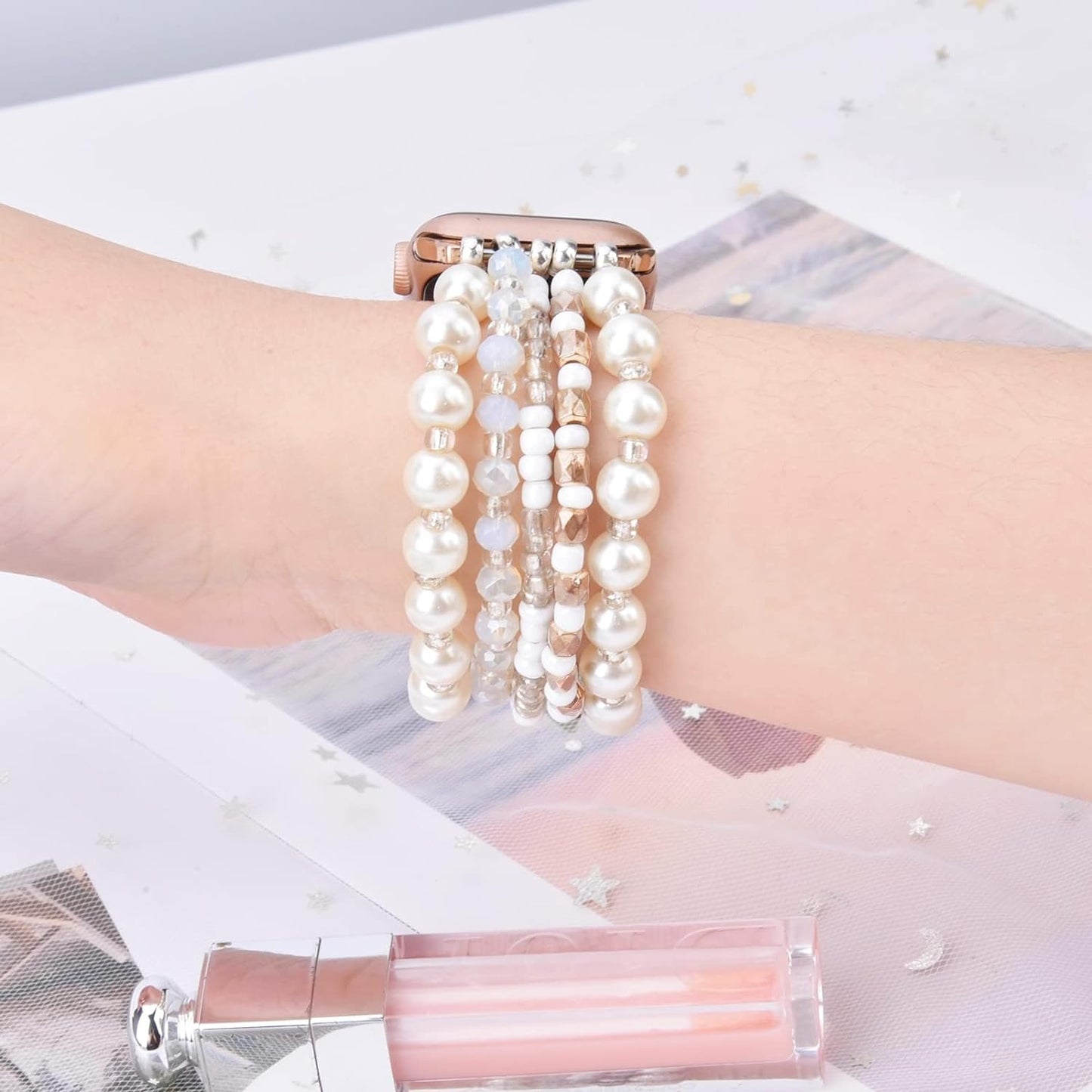 Beaded Bracelet Compatible for Apple Watch Band 40Mm/38Mm/41Mm Series 9 8 7 SE Series 6/5/4 Women Fashion Cute Handmade Pearl Stretchy Watch Strap for Iwatch Bands Series 3/2/1 Replacement