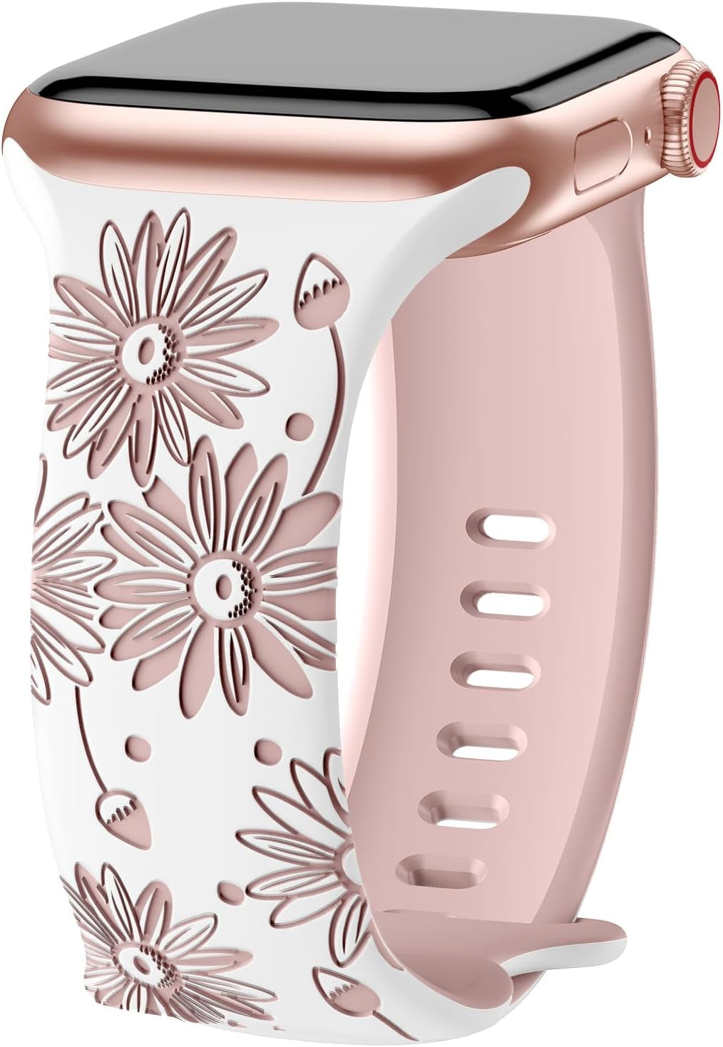 Designer Floral Engraved Band Compatible with Apple Watch Bands 40Mm 38Mm 41Mm 42/44/45/49Mm,Two-Tone Flower Soft Silicone Sport Strap for Iwatch Series 9 Ultra SE 8 7 6 5 4 3 2 Girl Pink