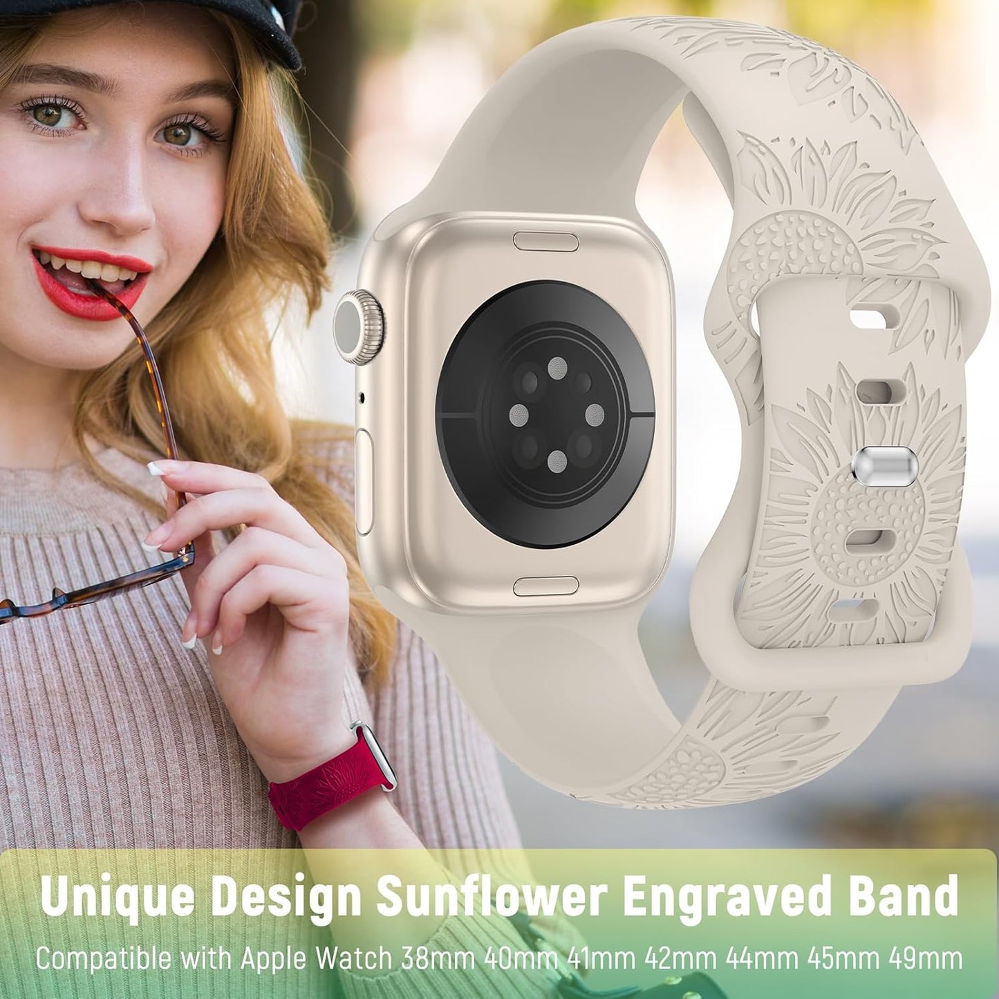 Sunflower Engraved Band Compatible for Apple Watch Bands 40Mm 41Mm 38Mm 42Mm 44Mm 45Mm 49Mm Women, Soft Floral Silicone Strap for Iwatch Ultra Series 9 8 7 6 SE 5 4 3 2 1