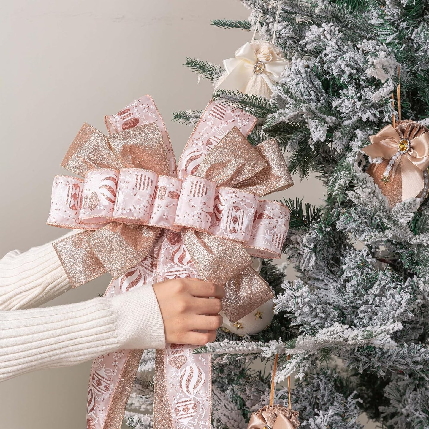 Christmas Tree Topper, 40X13 Inches Toppers Bow with Glitter Satin Mesh Streamer and Patterned Ribbon, Christmas Tree Topper Bow for Christmas Home Decoration (Rose Gold)