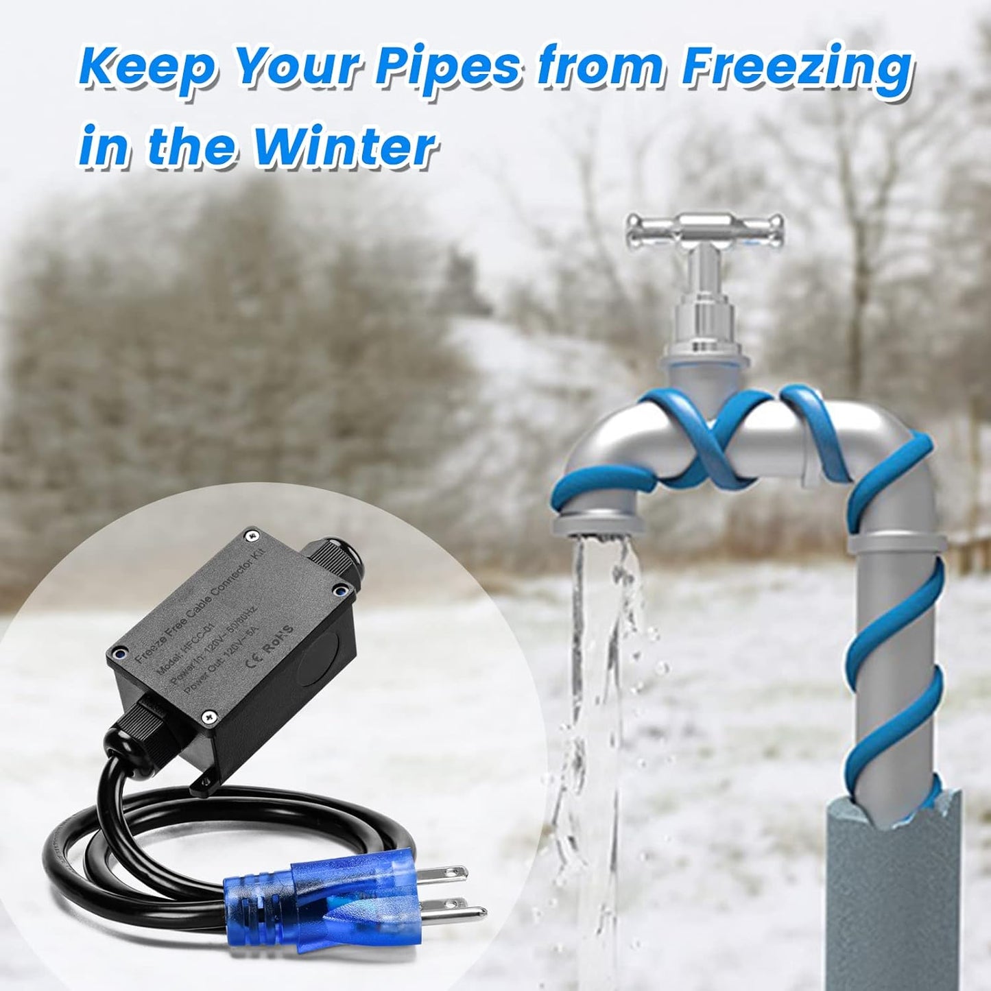 Self Regulating Water Pipe Heating Cable Kit with LED Indicator Plug, Suitable for All Types of Self-Regulating Heating Cables up to 600W