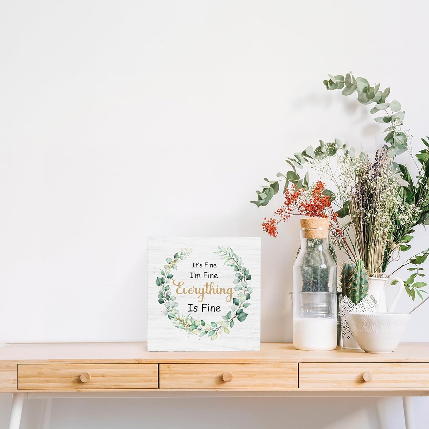 Inspirational Desk Decor,It'S Fine I'M Fine Everything Is Fine Wood Box Sign Desk Decor,Inspirational Wood Box Sign Block Plaque for Home Office Shelf Table Decor
