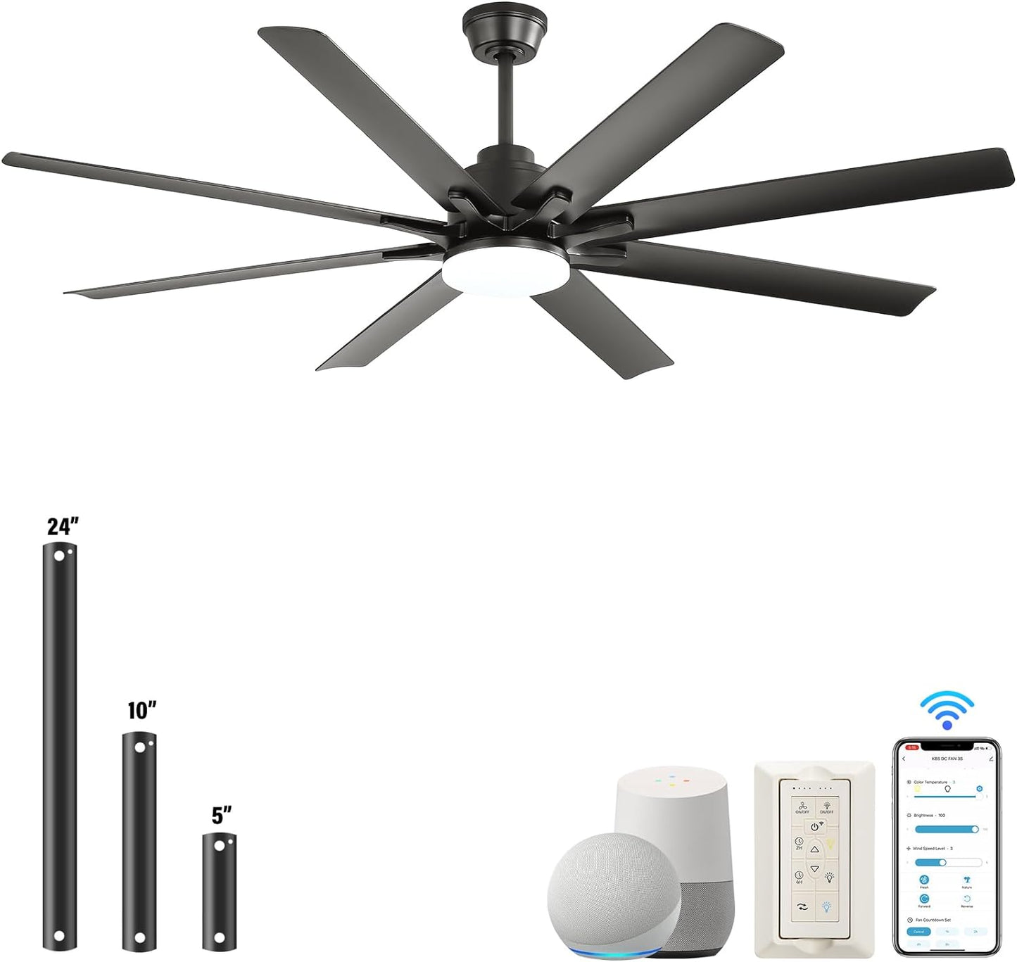 66 Inch Black Ceiling Fans with Lights and Remote, Indoor Outdoor Mordern Smart Ceiling Fan with Reversible Quiet DC Motor, 6 Speed, 8 Blades for Living Room Bedroom Patios Balcony
