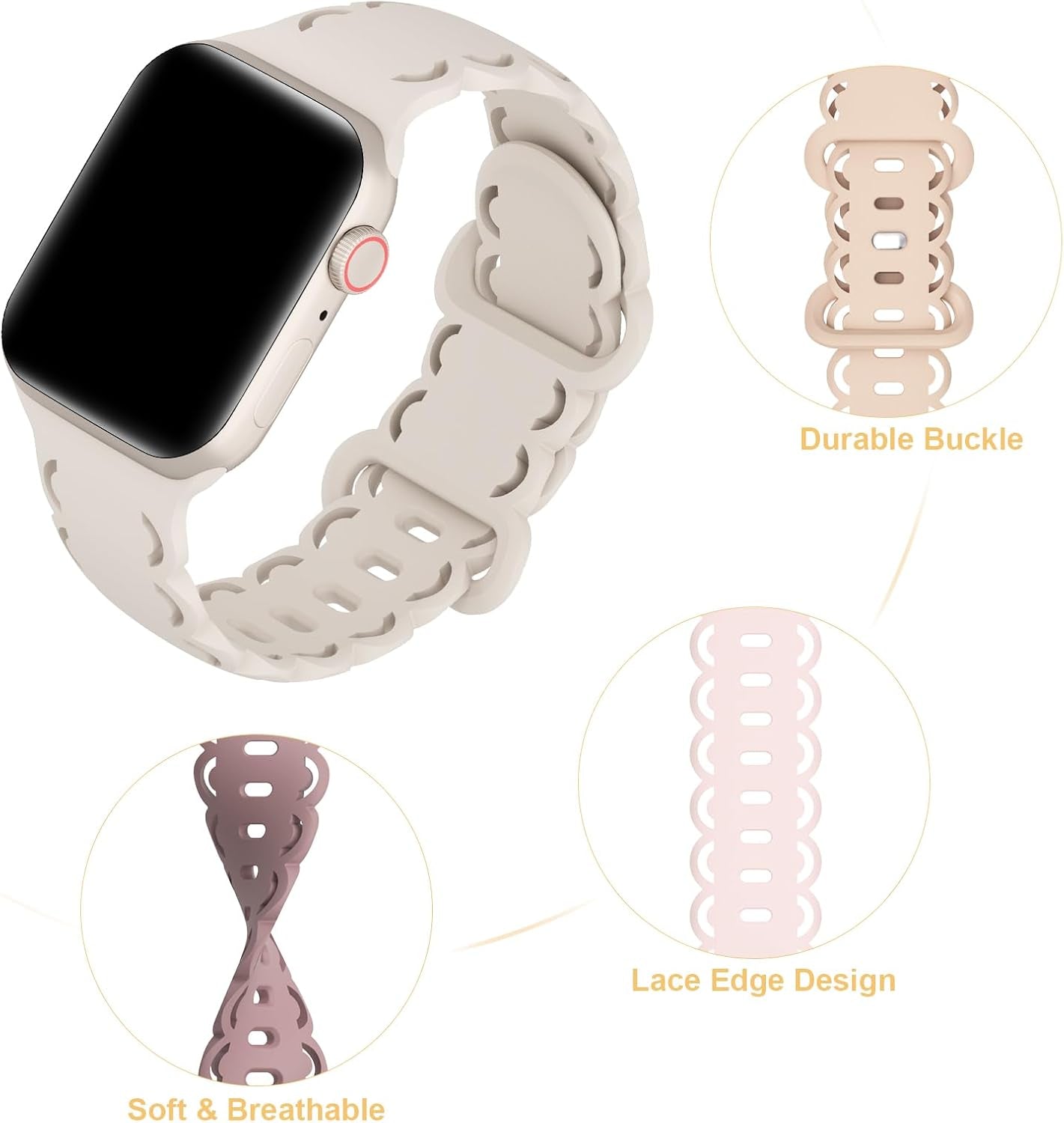 Lace Silicone Bands Compatible with Apple Watch Band 38Mm 40Mm 41Mm 42Mm 44Mm 45Mm 49Mm, Soft Hollow-Out Breathable Sport Strap Wristband for Iwatch Series 9 8 7 SE 6 5 4 3 2 1 Ultra Women Men