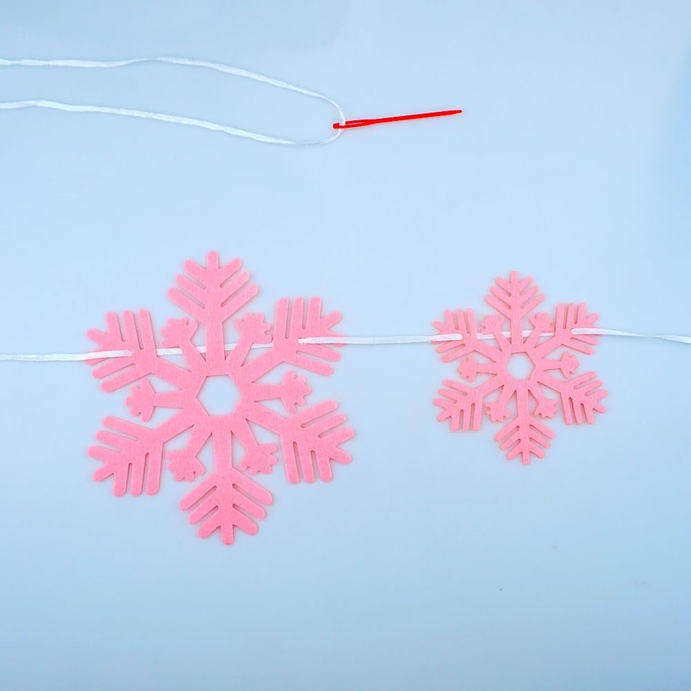 2 Pack Pink Snowflake Garland Felt Snowflake Banner Cute Pink Christmas Snowflake Decoration for Snow Winter Party Decorations