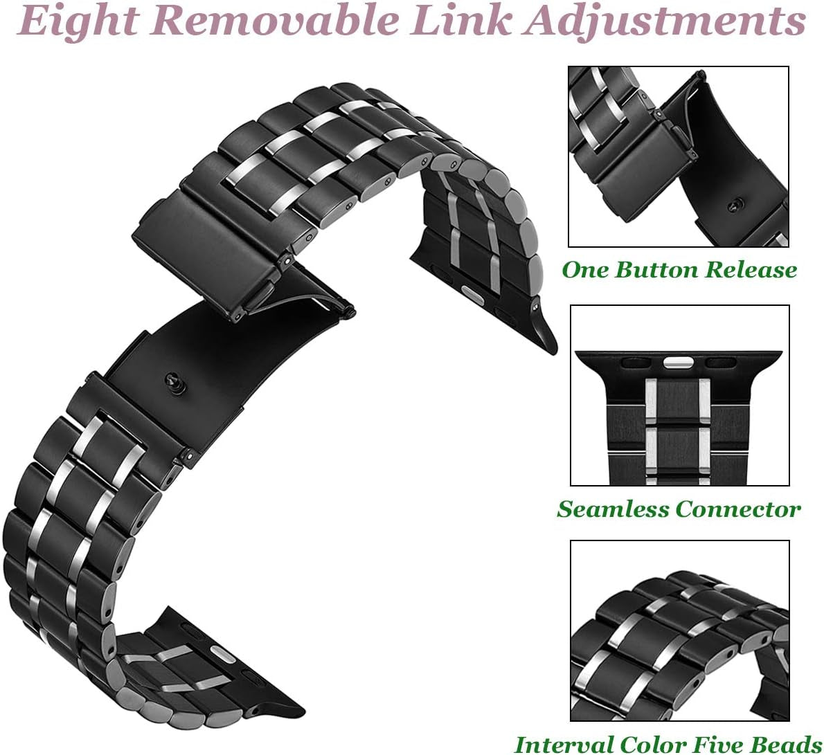 Compatible for Apple Watch Band 42Mm 44Mm 45Mm 49Mm, Stainless Steel Metal Replacement Sport Business Wristband Bracelet Strap for Iwatch Series Ultra 8 7 6 SE 5 4 3 2 1 (Black/Silver)