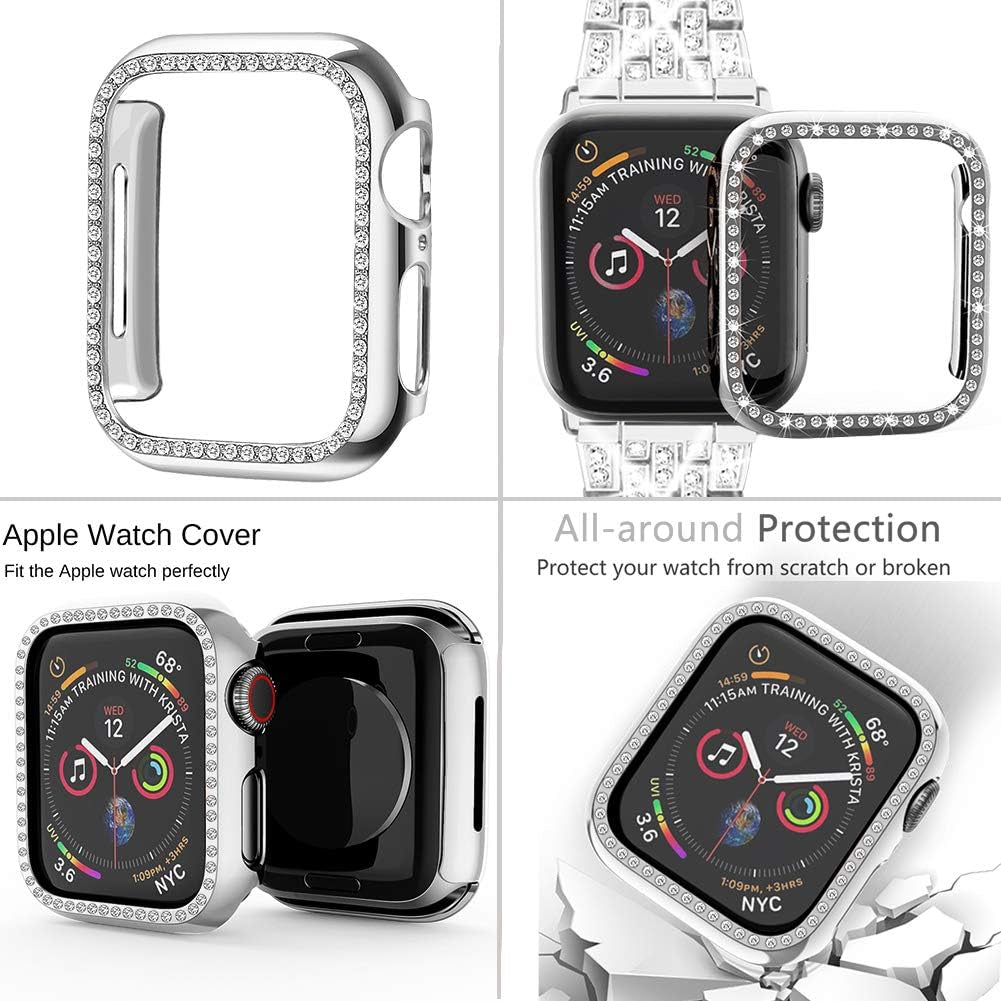 Compatible with Apple Watch Band 38Mm 40Mm 41Mm 42Mm 44Mm 45Mm 49Mm+ Case, Women Jewelry Bling Diamond Rhinestone Replacement Metal Strap& 2 Pack PC Protector Case for Iwatch Ultra 2/ Ultra Series 9/8/7/6/5/4/3/2/1/SE