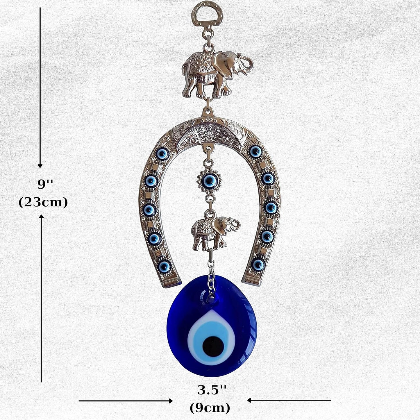 Turkish Silver Horse Shoe Blue Evil Eye Wall Hanging Ornament with Elephant - Turkish Nazar Bead Amulet – Home Protection and Good Luck Charm Gift in a Box
