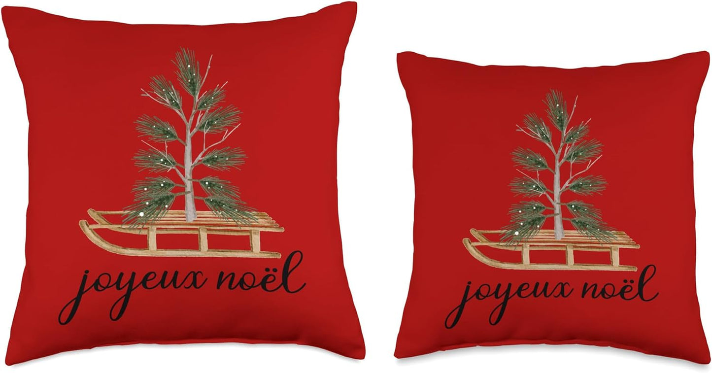 Joyeux Noel French Merry Christmas Tree and Sled Vintage Throw Pillow