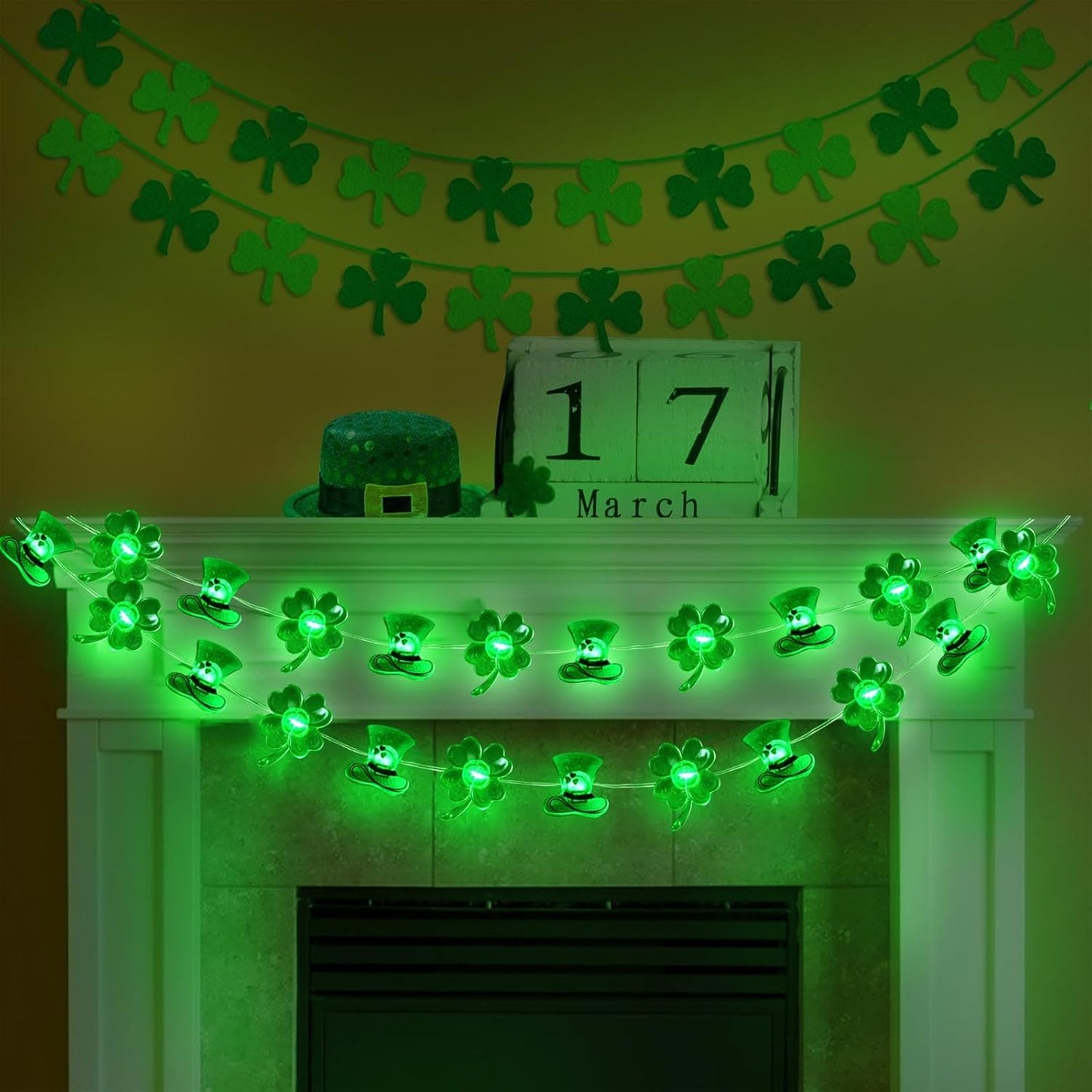 50LED Shamrocks Leprechaun Hat Lights for St Patricks Day Decorations, Battery Operated Green Lucky Clover Fairy String Lights for St Patricks Home Garden Indoor Outdoor Irish Decor (8 Modes)