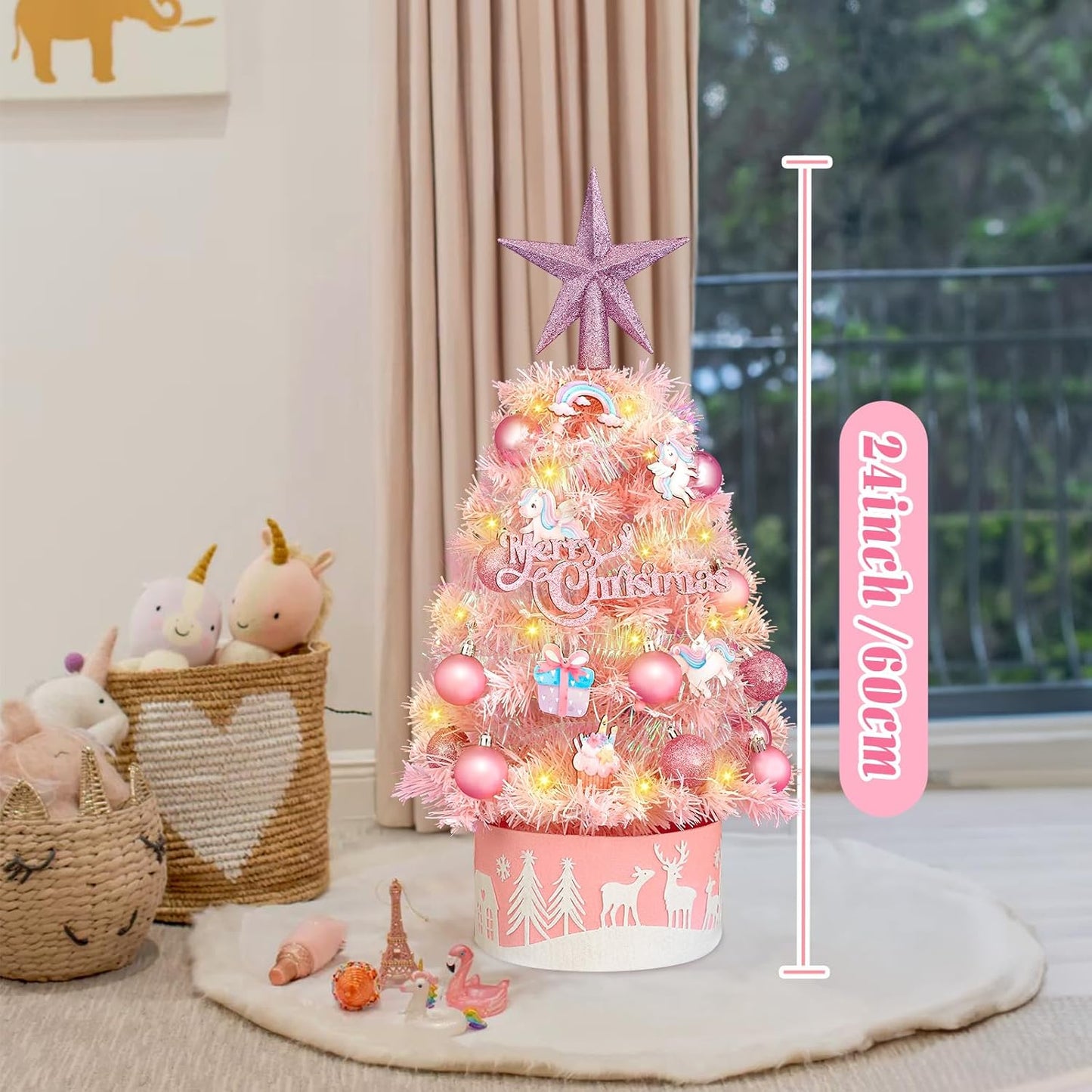 Tabletop Christmas Tree 24-Inch Mini Christmas Tree with LED String Lights, Star Treetop, Hanging Ornaments, Tabletop Small Xmas Tree for Holiday Indoor DIY Christmas Decor Pink