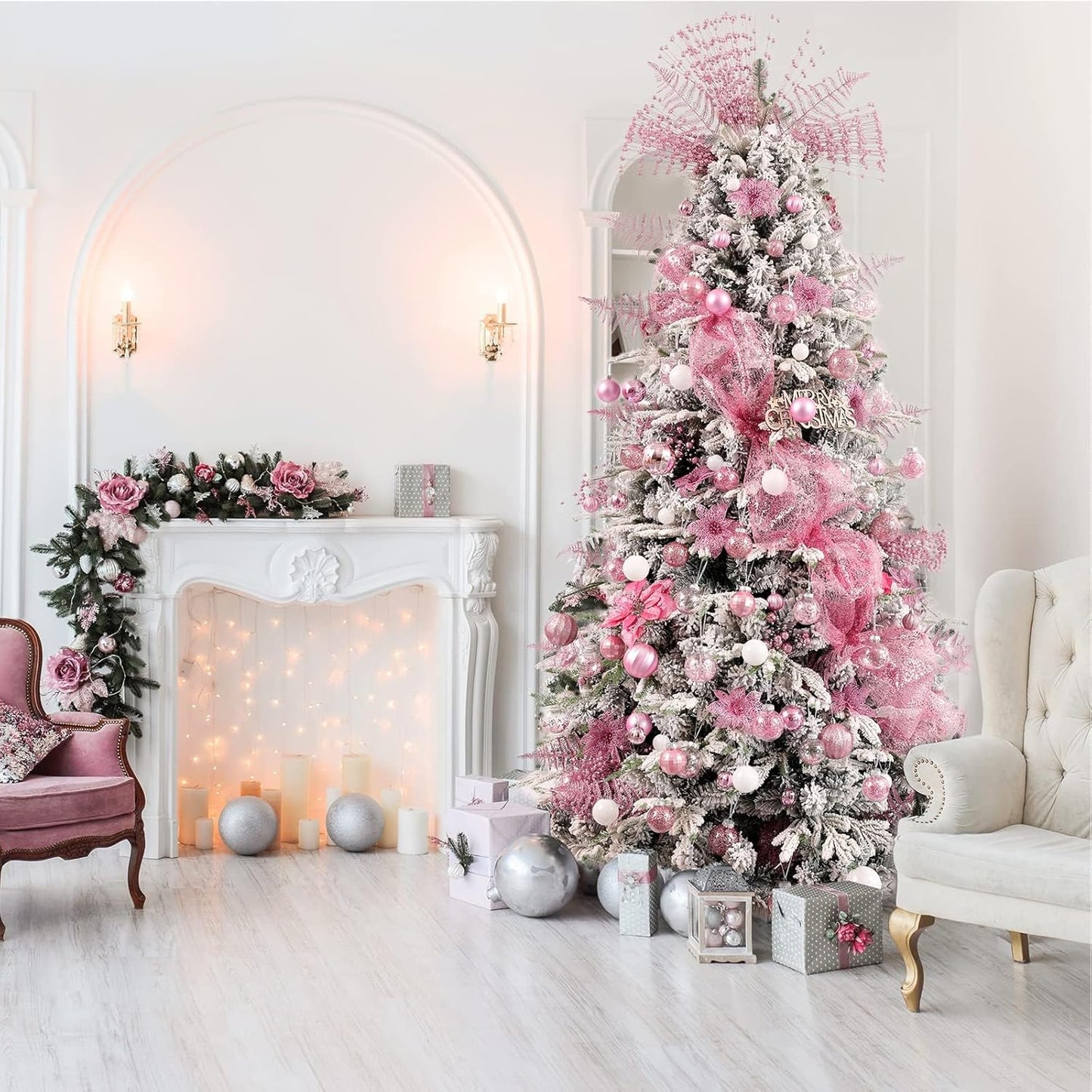 Christmas Ball Ornaments Shatterproof Clear Large Plastic Hanging Ball Decorative Baubles Set with Stuffed Delicate Decorations (Multi-Size, Pink)