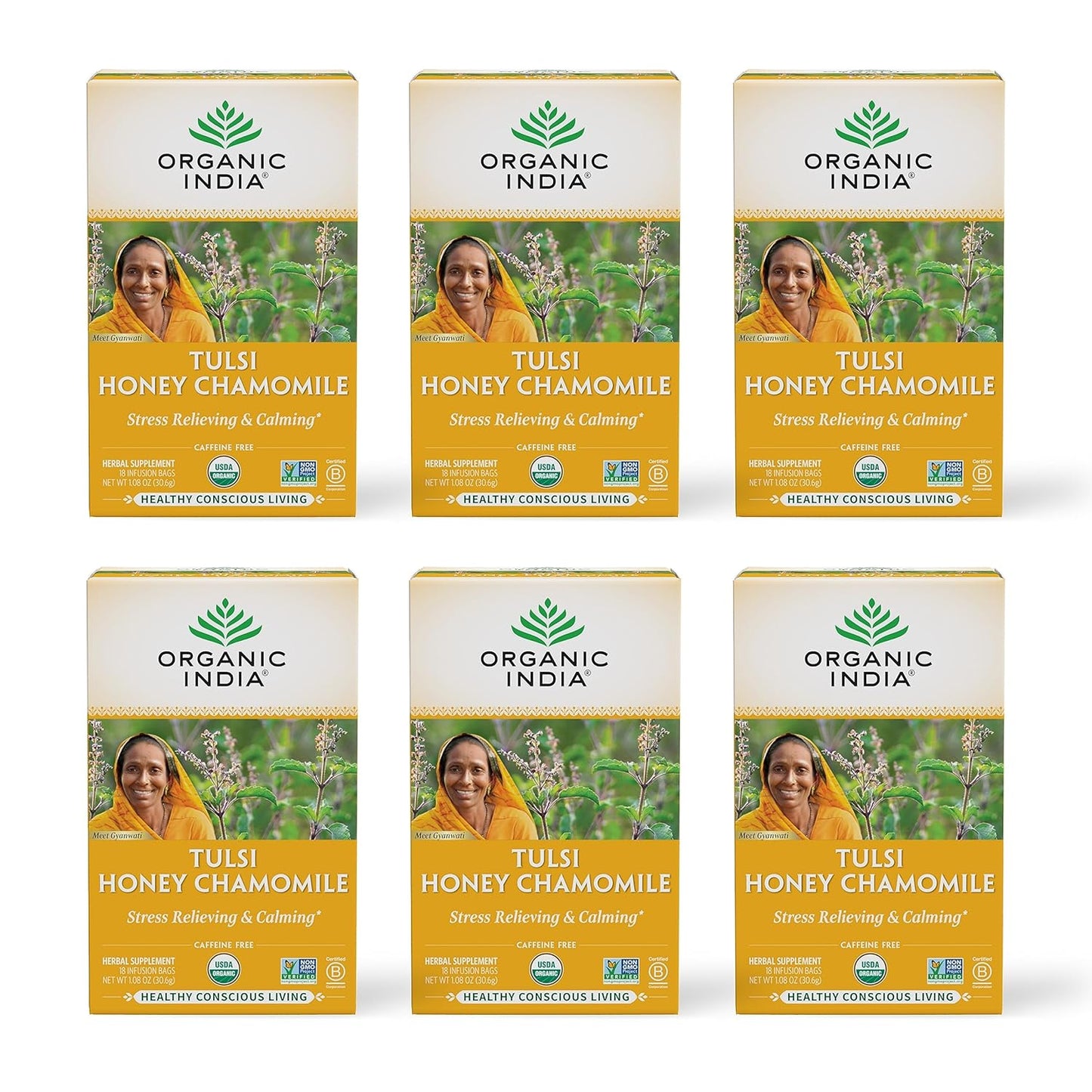 Tulsi Original Herbal Tea - Holy Basil and African Basil Calming and Stress Relief Tea, Immune Support, USDA Certified Organic, Non-Gmo, Caffeine-Free - 18 Infusion Bags, 6 Pack TLBH