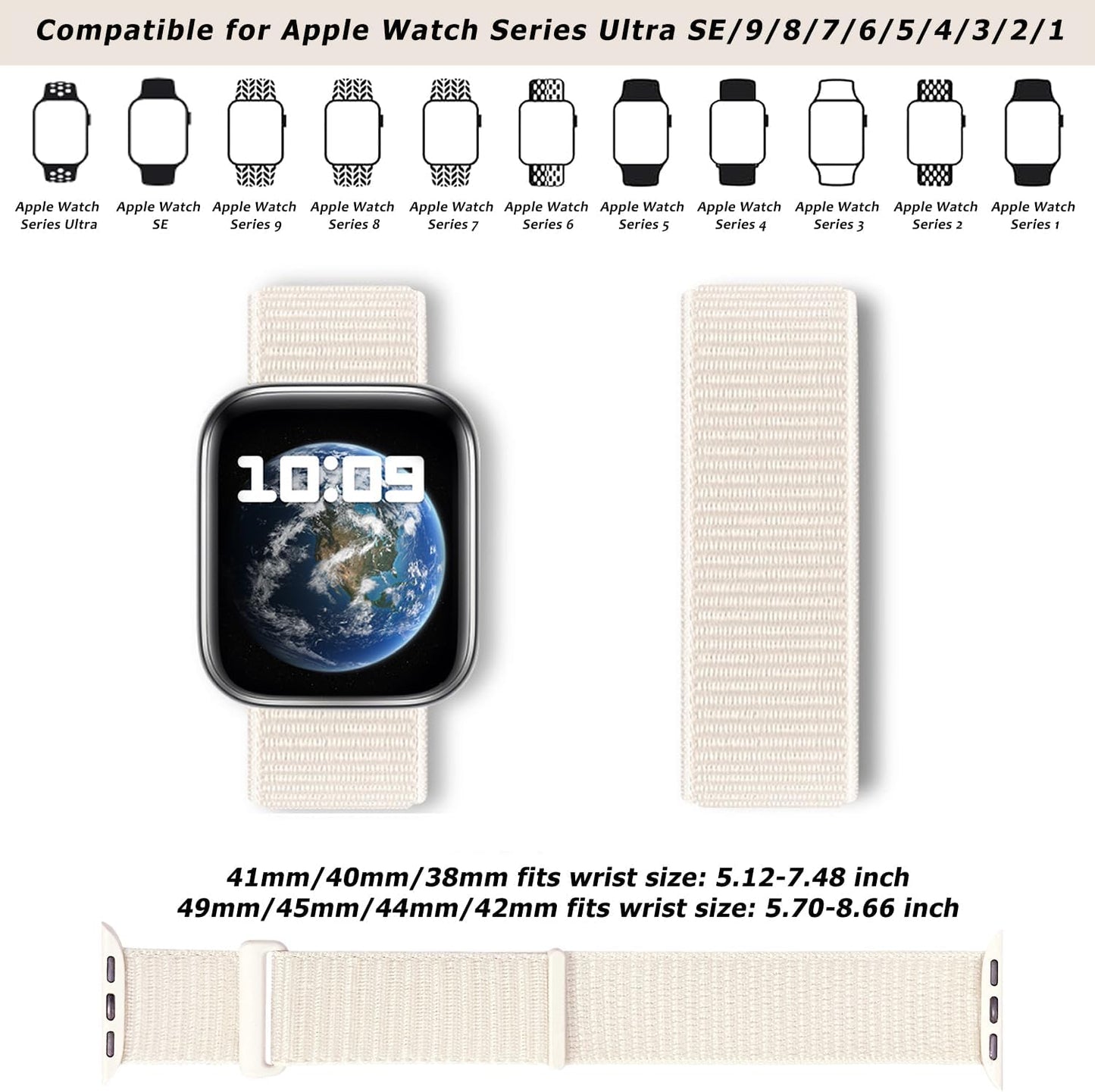 Nylon Sport Loop Bands Compatible with Apple Watch Band 41Mm 40Mm 38Mm 49Mm 45Mm 44Mm 42Mm Women Men, Stretchy Breathable Strap for Iwatch Series 9 Ultra 8 7 6 5 4 3 2 SE (38,Startlight)
