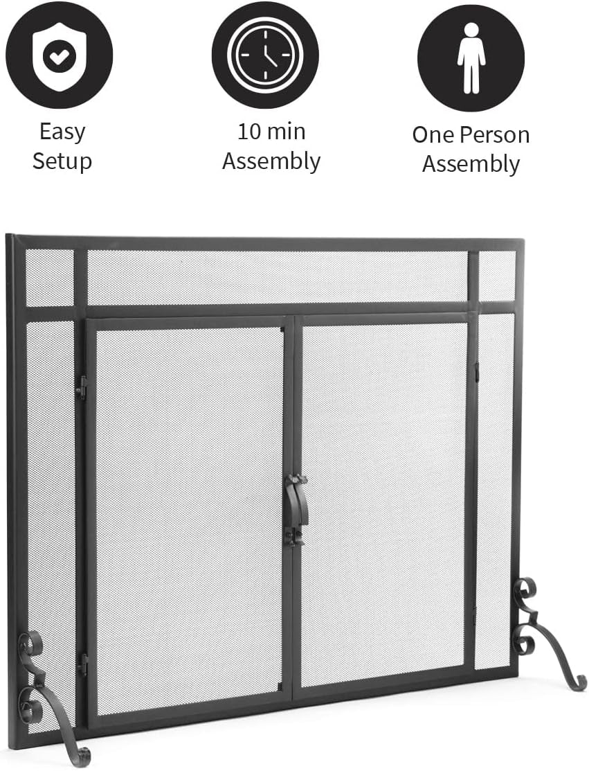 Metal Fireplace Screen Flatguard Black | 44" W X 33" H | 2 - Door | Spark Guard Indoor Grate | Iron Fire Place Cover | Wood Burning Stove Decorative Accessories