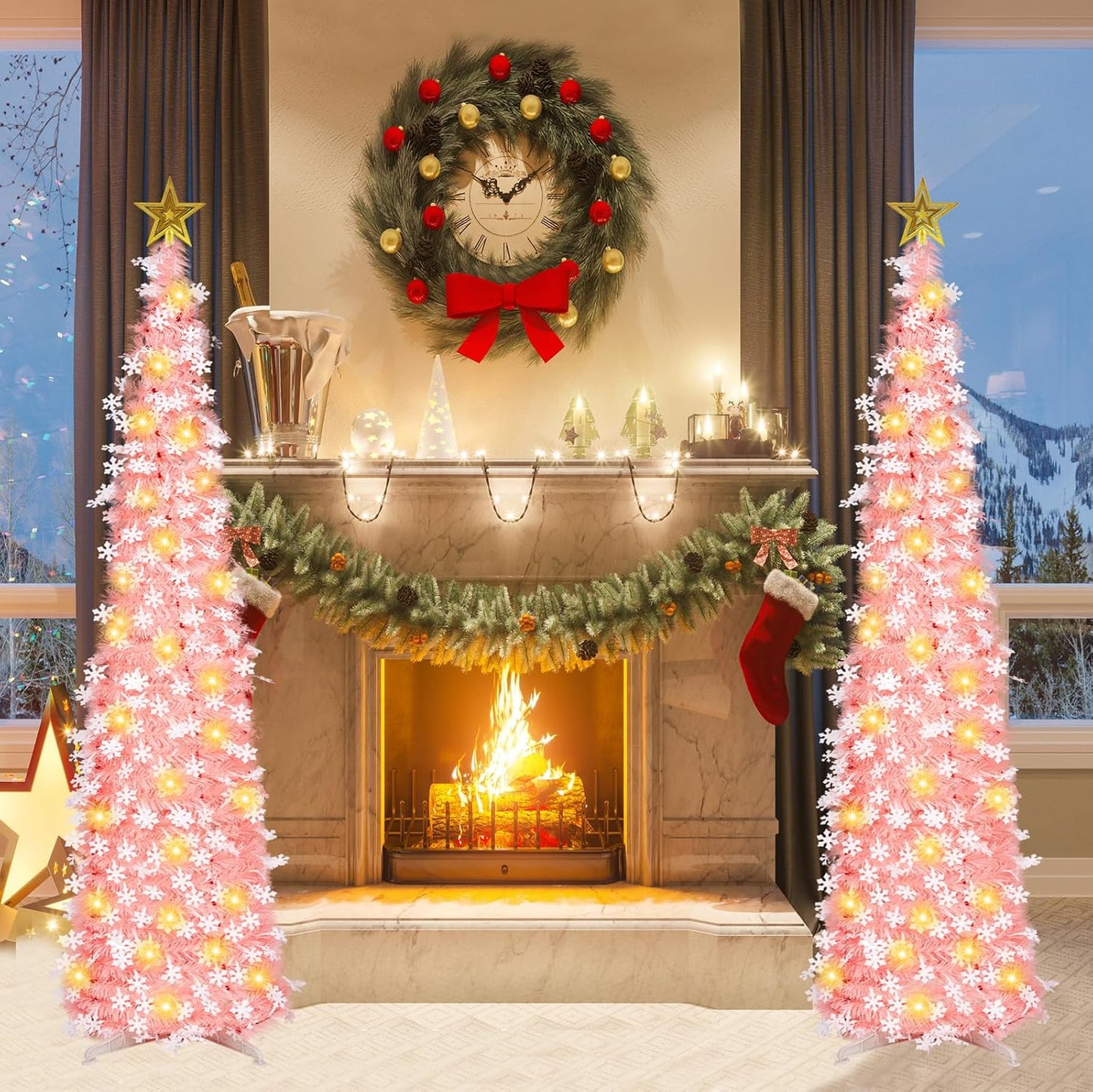5 FT Pop up Christmas Tree with Timer Lights - Pink Tinsel Christmas Tree with Snowflake, Collapsible Artificial Pencil Tree Xmas Decoration for Home, Office, Party, Easy Assembly