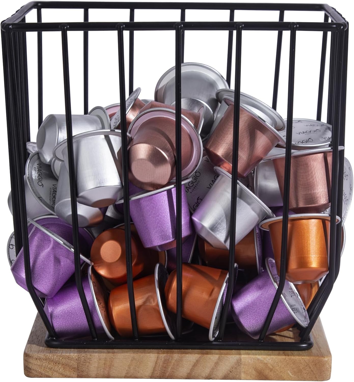 Coffee Pod Holders for Counter - K Cup Holders for Counter - Coffee Pods Storage Organizer - Coffee Bar Accessories - Large Capacity Black Wire Kup Storage with Wooden Base.