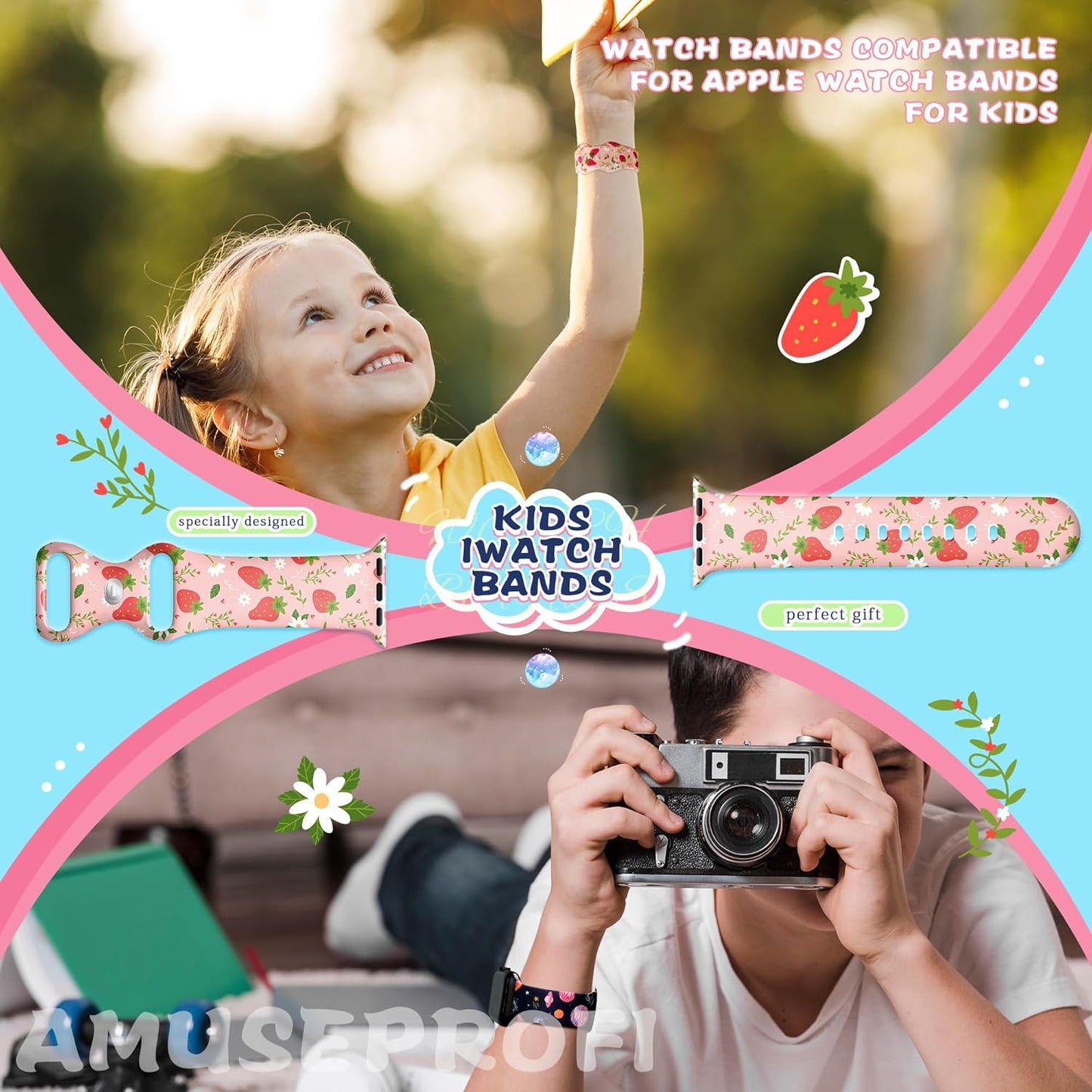 Kids Watch Band Compatible Apple Watch Bands for Kids, Iwatch Bands Compatible for Apple Watch Band for Kids, Cute Design Iwatch Bands for Kids Soft Silicone Watch Bands for Boys Girls