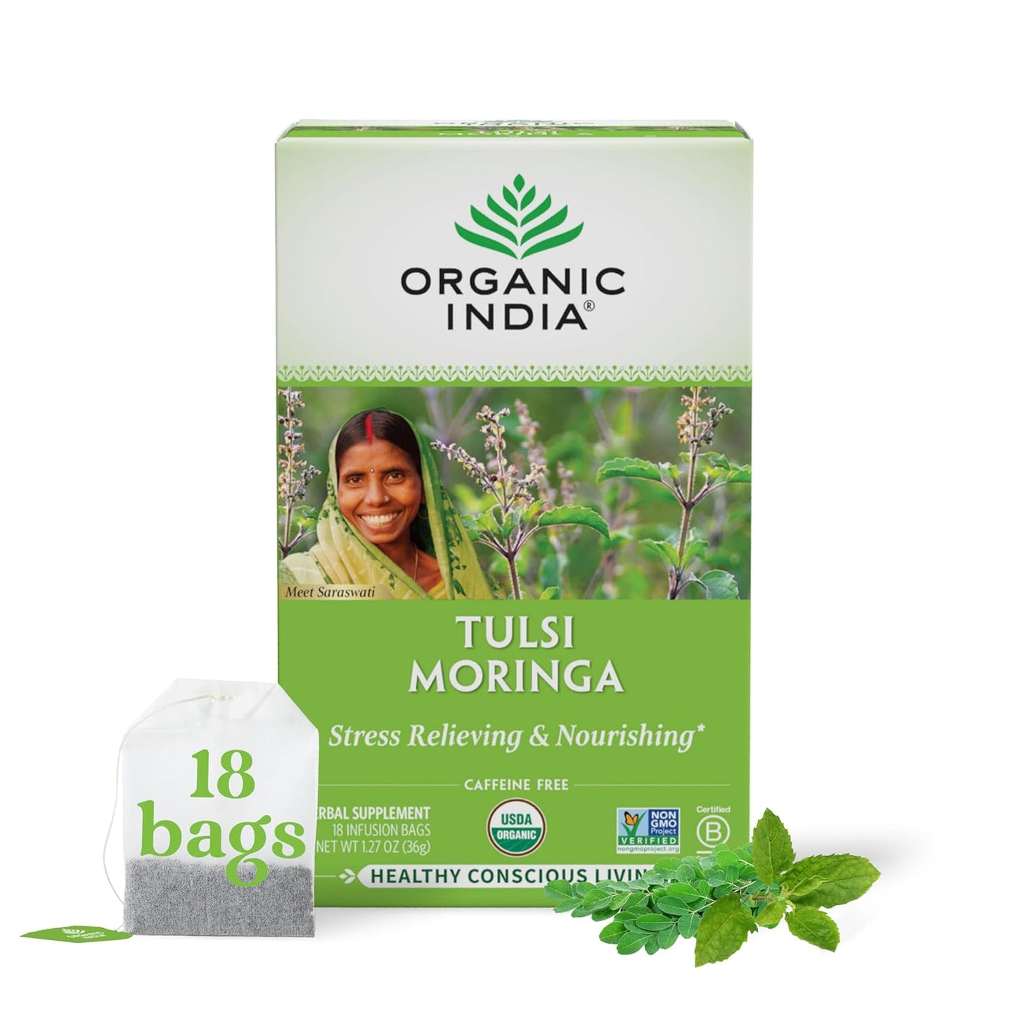 Tulsi Green Tea Bags - Holy Basil Tea, African Basil, Stress Relieving, Immune Support, USDA Certified Organic, Premium Darjeeling Green Tea, Caffeinated - 18 Infusion Bags, 1 Pack TLBH