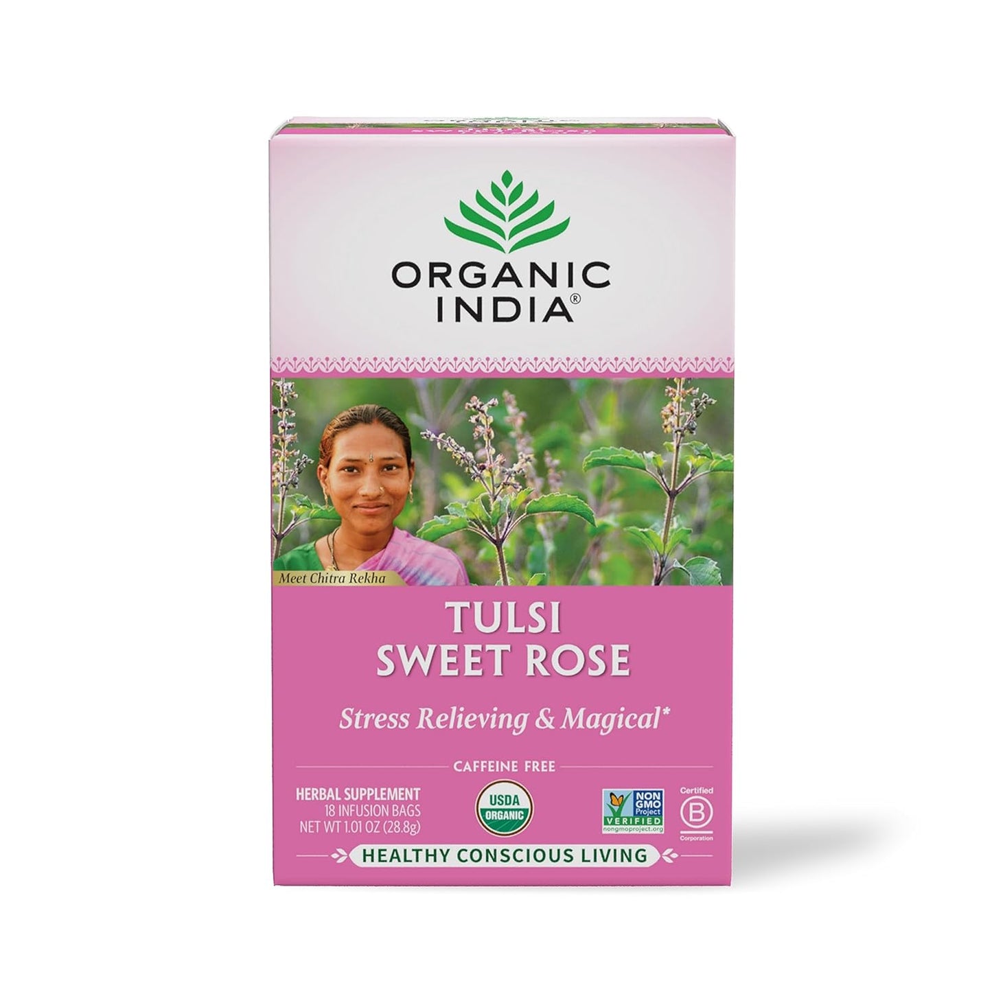 Tulsi Green Tea Bags - Holy Basil Tea, African Basil, Stress Relieving, Immune Support, USDA Certified Organic, Premium Darjeeling Green Tea, Caffeinated - 18 Infusion Bags, 1 Pack TLBH