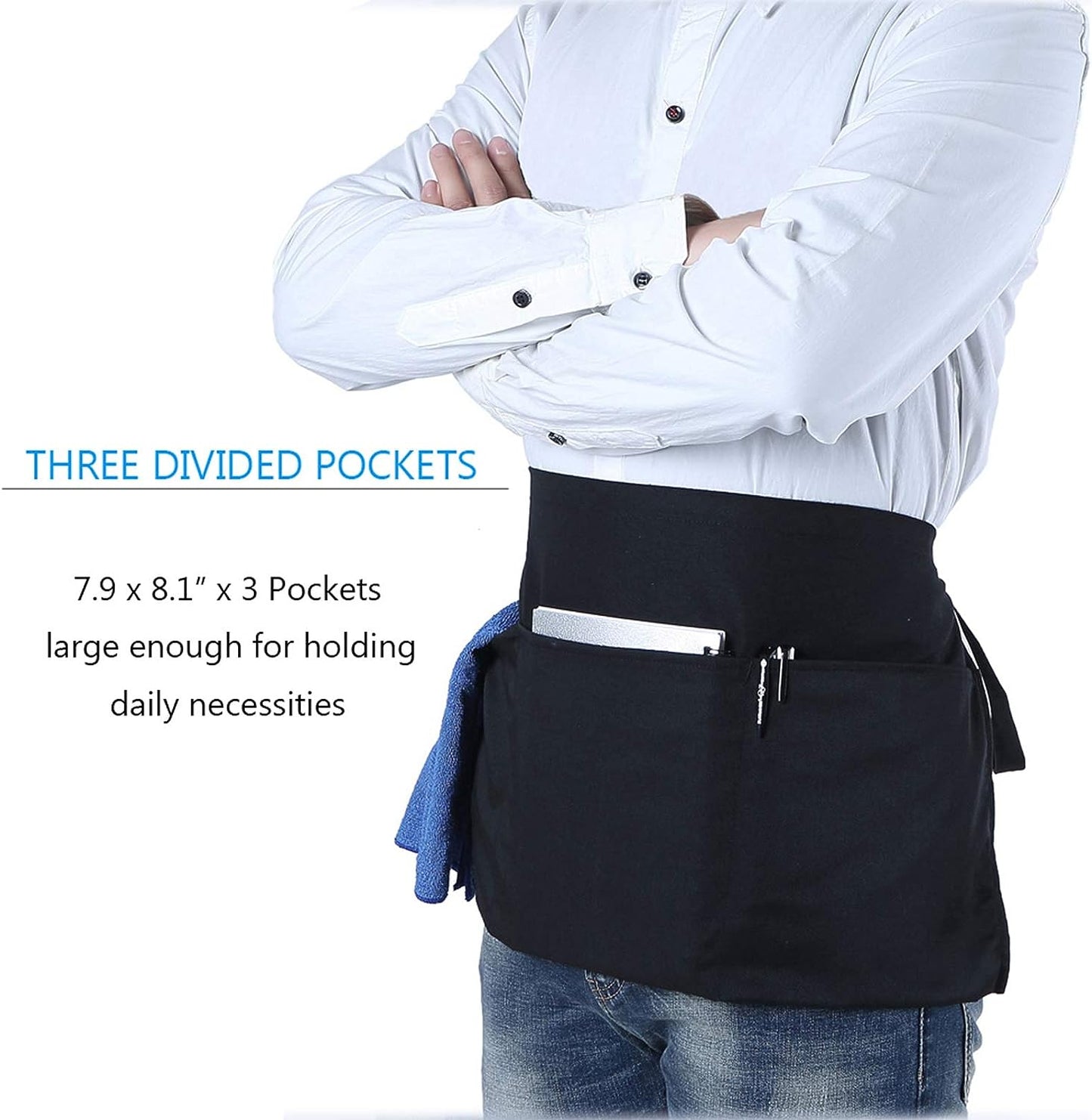 Waist Apron with 3 Pockets - Black Waitress Waiter Server Short Aprons