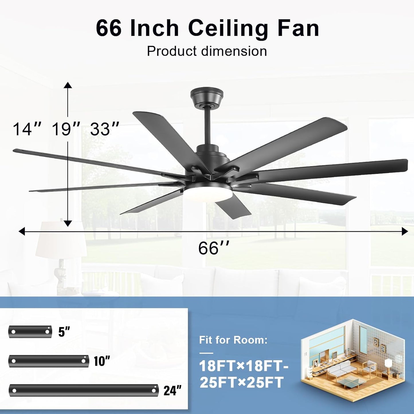 66 Inch Black Ceiling Fans with Lights and Remote, Indoor Outdoor Mordern Smart Ceiling Fan with Reversible Quiet DC Motor, 6 Speed, 8 Blades for Living Room Bedroom Patios Balcony