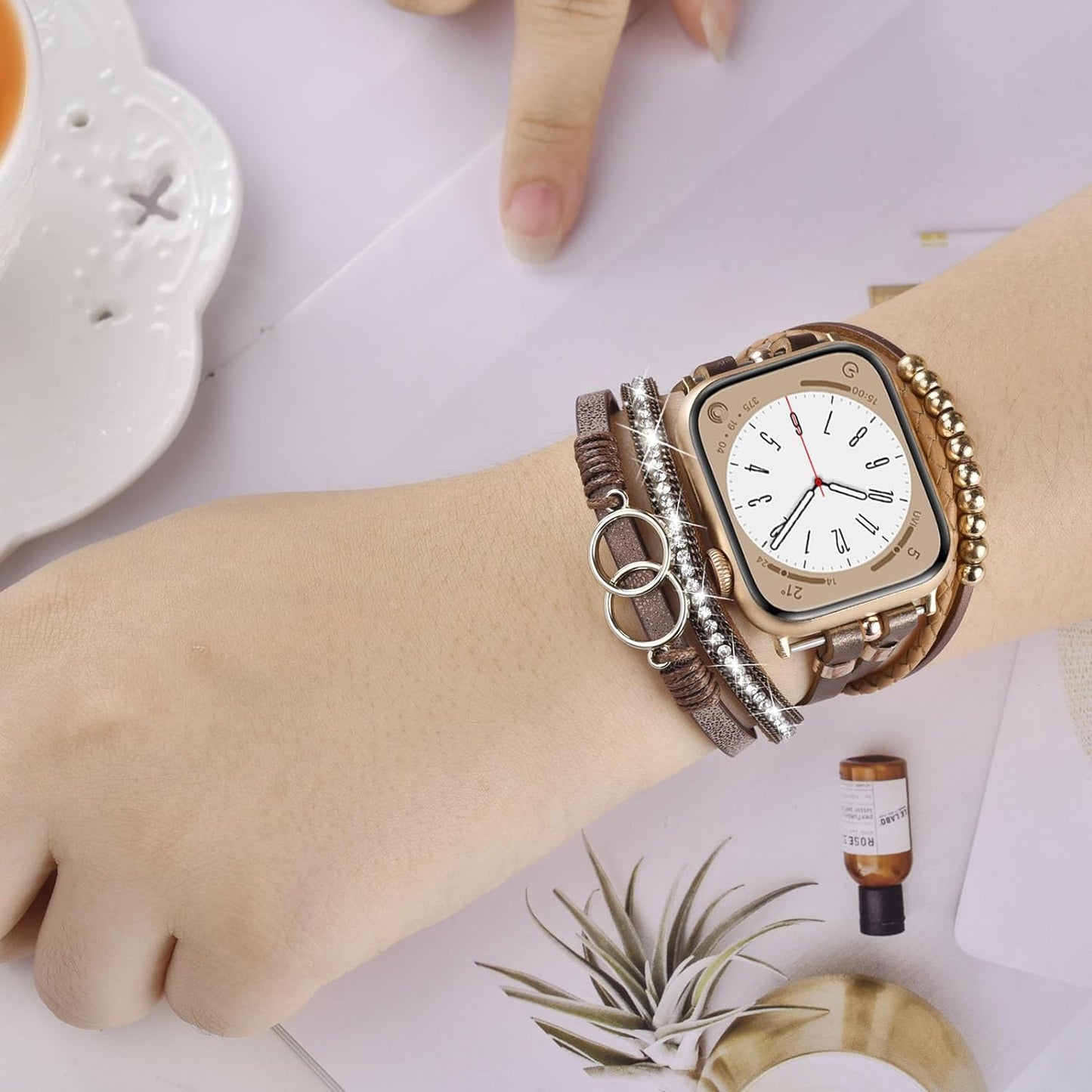 Boho Leather Bracelet Compatible with Apple Watch Band 38Mm 40Mm 41Mm Women, Handmade Multilayer Wrap Beaded Jewelry Apple Watch Strap for Iwatch Series 9 8 7 6 5 4 3 2 1 Brown