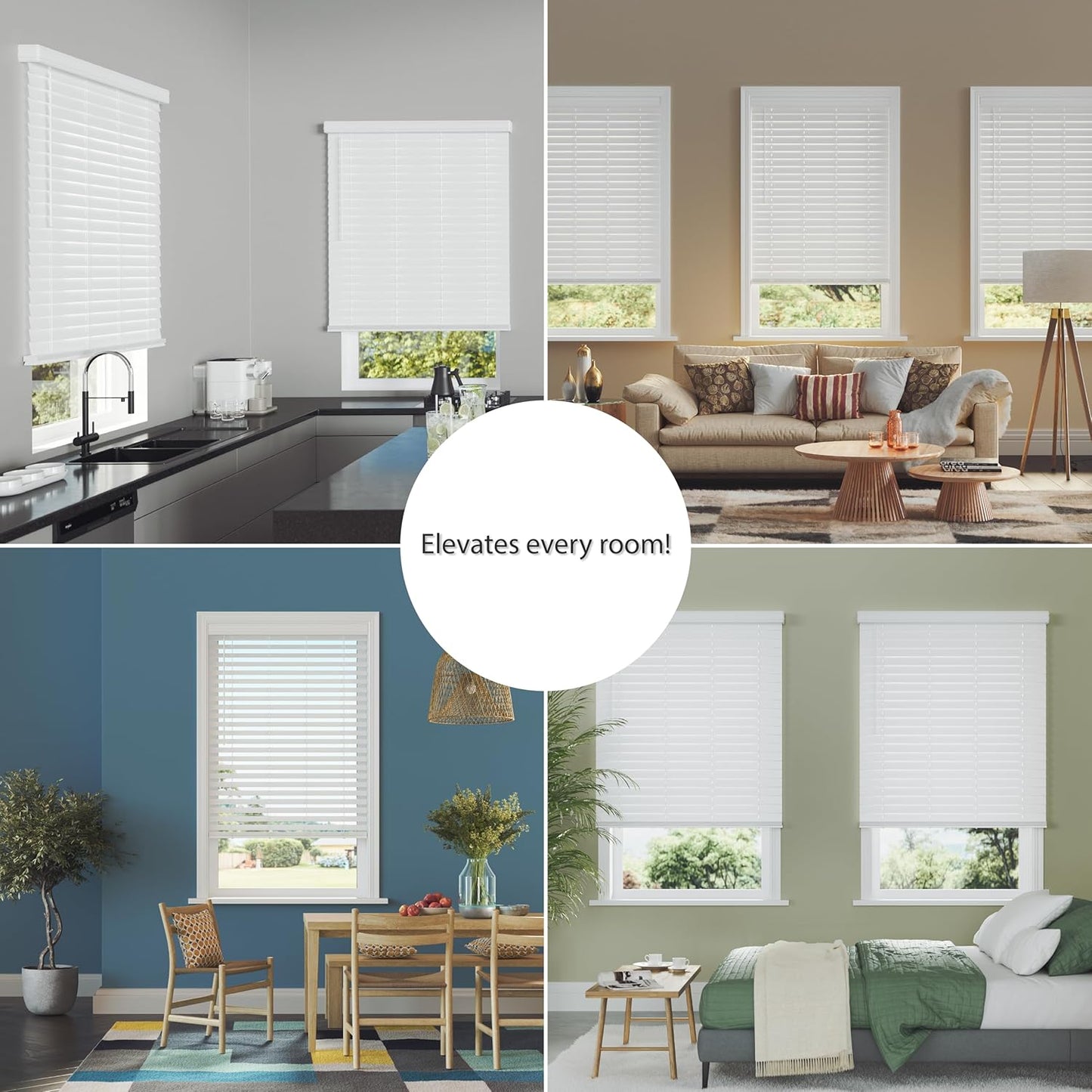2.5 Inch Cordless Faux Wood Blind, 34" W X 60" L - White Plantation Style Venetian Blinds, over 400 Custom Sizes Starting at 29.97, Room Darkening Shades for Interior Windows by