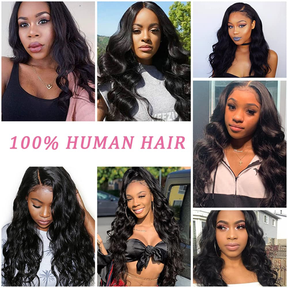 Body Wave Human Hair Bundles with Closure 100% Unprocessed Brazilian Virgin Human Hair 3 Bundles Body Wave with 4X4 Free Part Lace Closure Natural Black Hair Extension