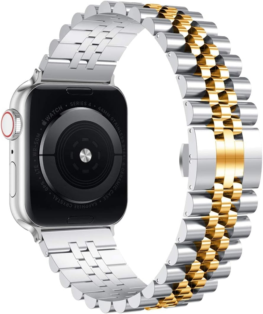 Compatible with Apple Watch Band 41Mm 40Mm 38Mm, Stainless Steel Heavy Band with Butterfly Folding Clasp Link Bracelet for Iwatch Series 9/8/7/6/Seseries 5/4/3 Women,Silver/Gold