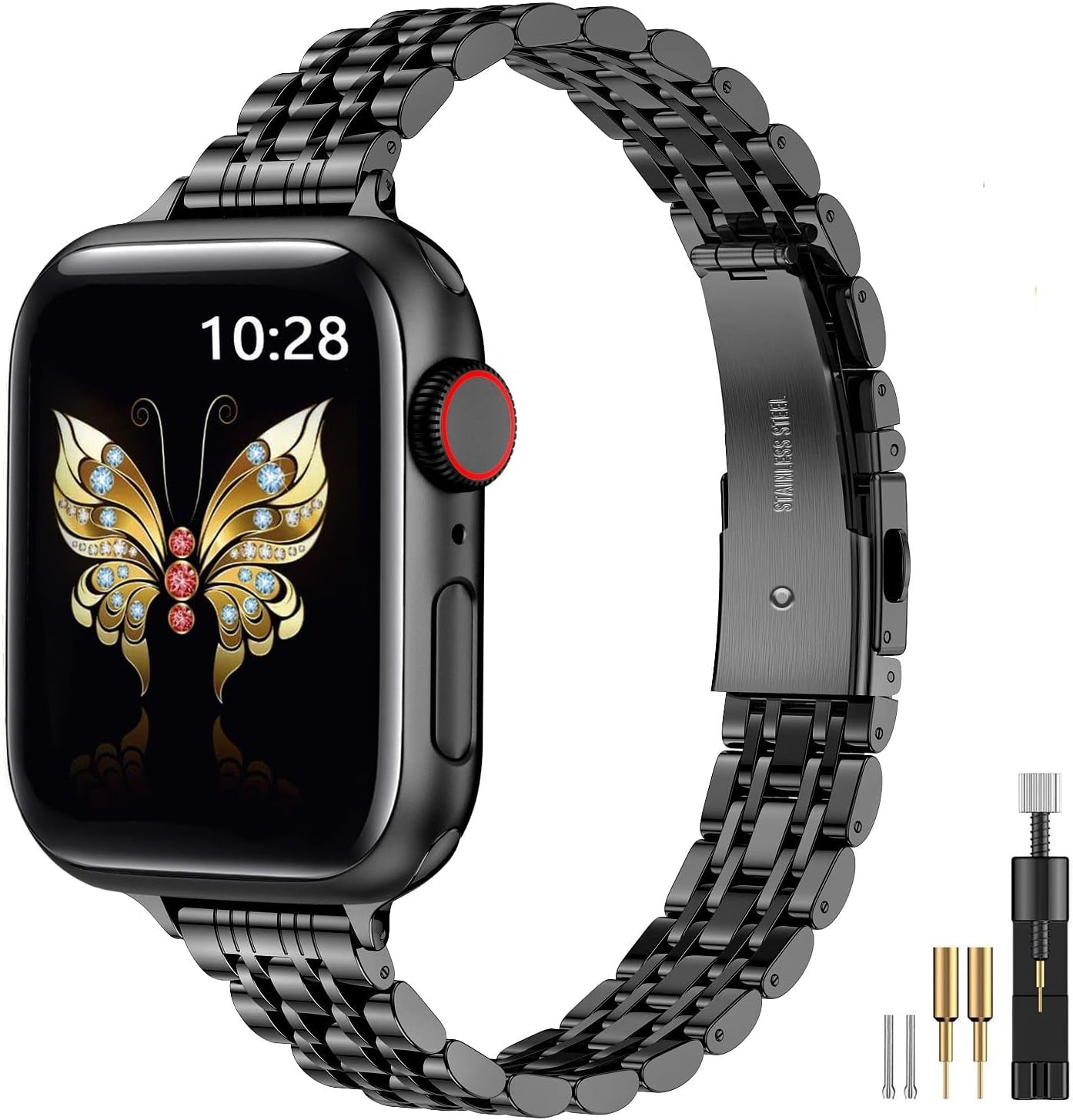 Slim Metal Band Compatible with Apple Watch Band 41Mm 40Mm 38,Mm,Dressy Stainless Steel Chain Strap for Women Iwatch Bands Series 9 8 7 6 5 4 3 2 1 Se,Black