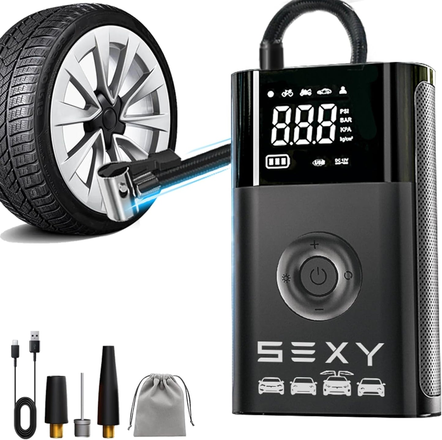 Tire Inflator Air Compressor for Model 3 Y X S,Cordless Portable Air Pump,2024 Accessories with Tire Pressure Gauge and Emergency Light,Multipurpose Tire Pump