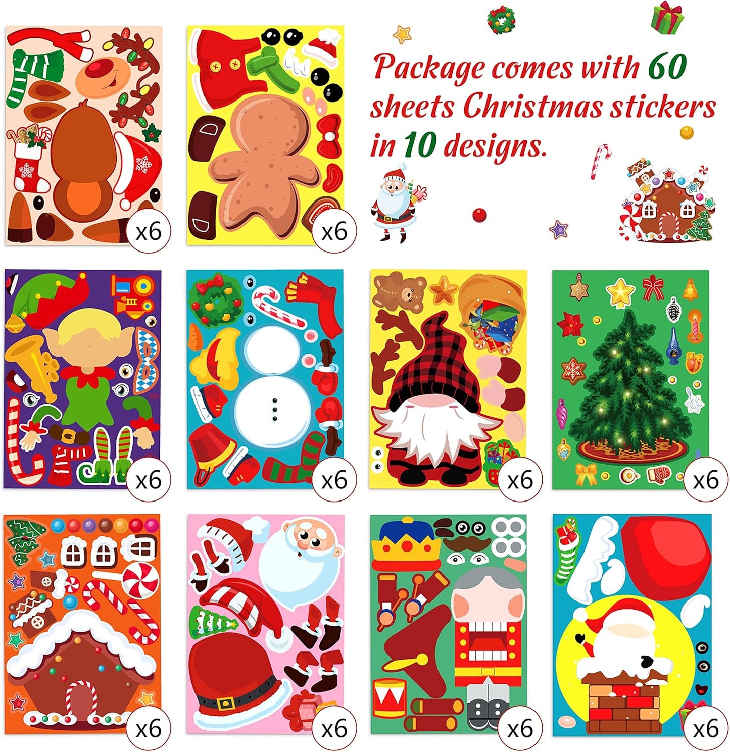 60Sheets Christmas Stickers Crafts for Kids - Make-A- Elf/Nutcracker/Gnomes/Gingerbread House/Santa/Snowman/Xmas Tree, Stocking Stuffers Goodie Bag Gifts Party Favors Supplies (Small Size)