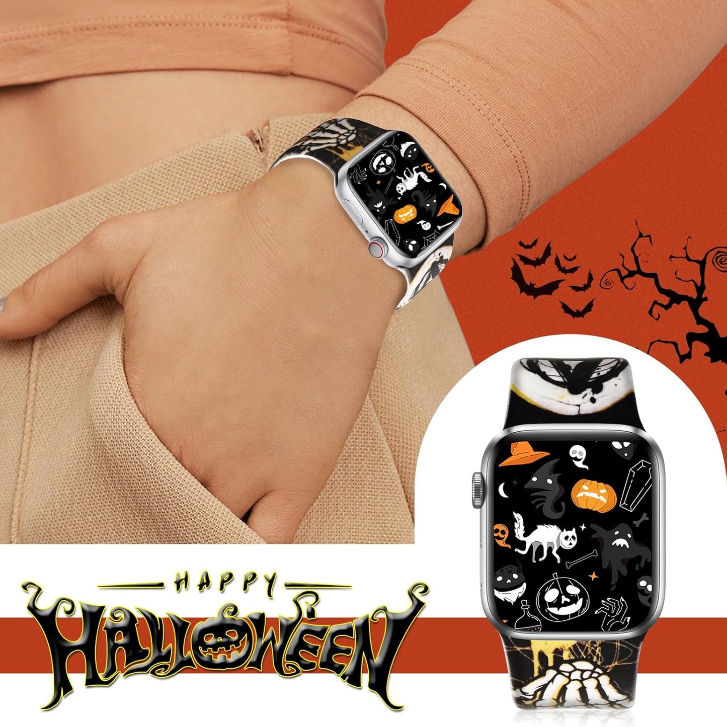 Halloween Compatible with Apple Watch Band 40Mm for Women Girl, Silicone Strap for Apple Watch Bands Gift 38Mm 41Mm, Soft Festival Bands for Iwatch Bands Series 10 9 8 7 6 5 4 3 2 1 SE Men Boy