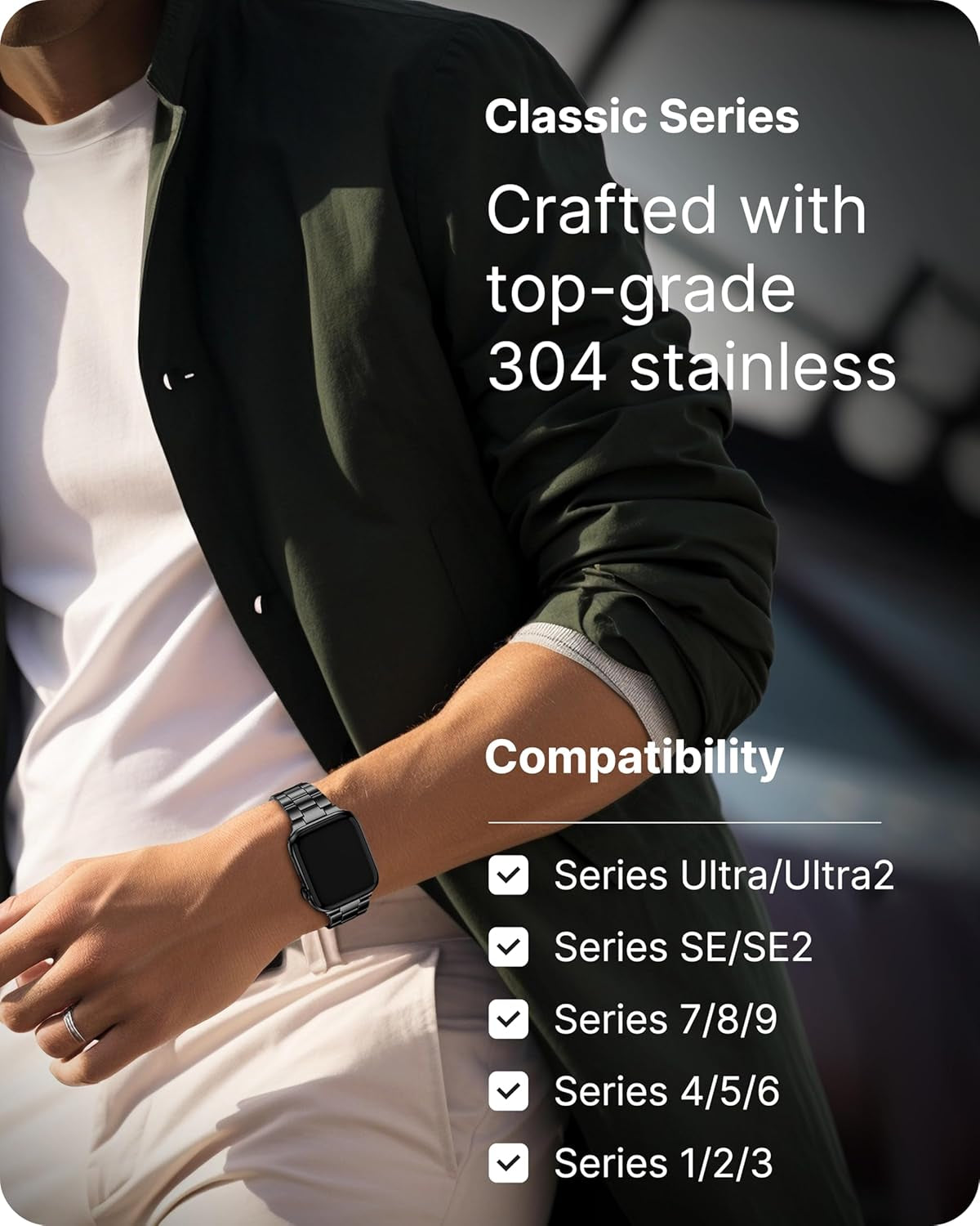 No Tools Needed Compatible Apple Watch Bands 41Mm 40Mm 38Mm,Slim Stainless Steel Chain Strap with Case for Iwatch Series 9/8/7/6/5/4/3/2/1/Se2/Se,Black