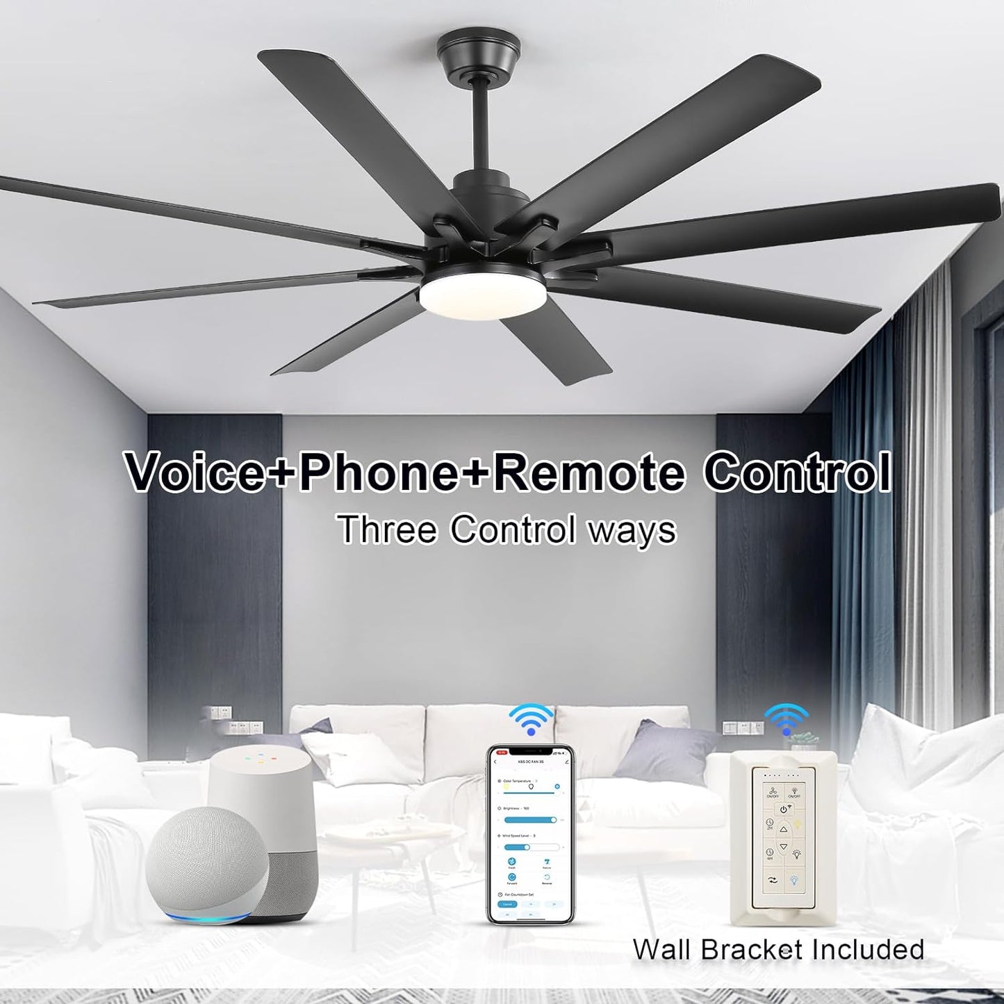 66 Inch Black Ceiling Fans with Lights and Remote, Indoor Outdoor Mordern Smart Ceiling Fan with Reversible Quiet DC Motor, 6 Speed, 8 Blades for Living Room Bedroom Patios Balcony