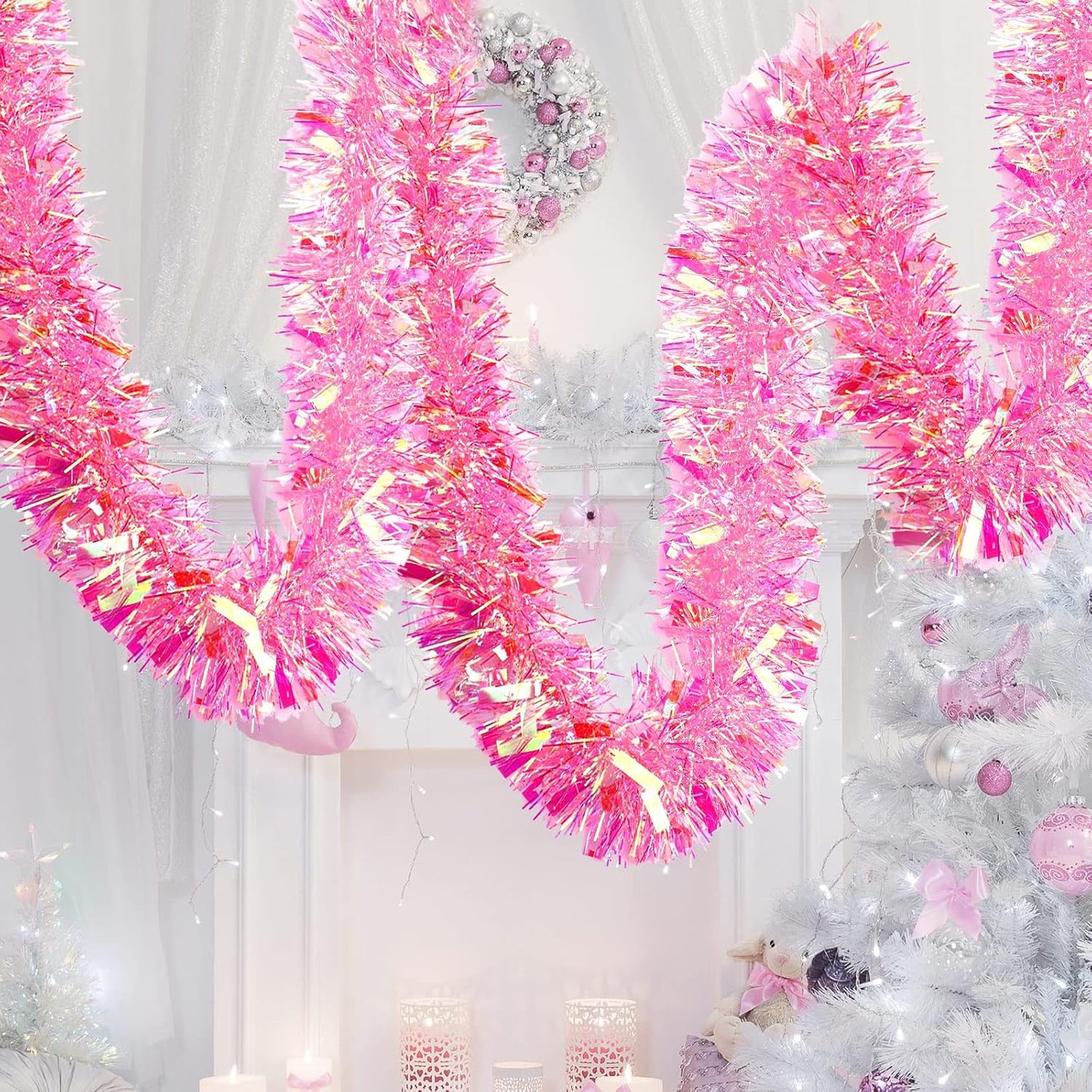 40 Feet Christmas Tinsel Garland Metallic Tinsel Twist Garland Foil Tinsel Garland Decoration for Christmas Tree, Wedding, Birthday and Party Hanging Decorations(Pink, Rainbow)