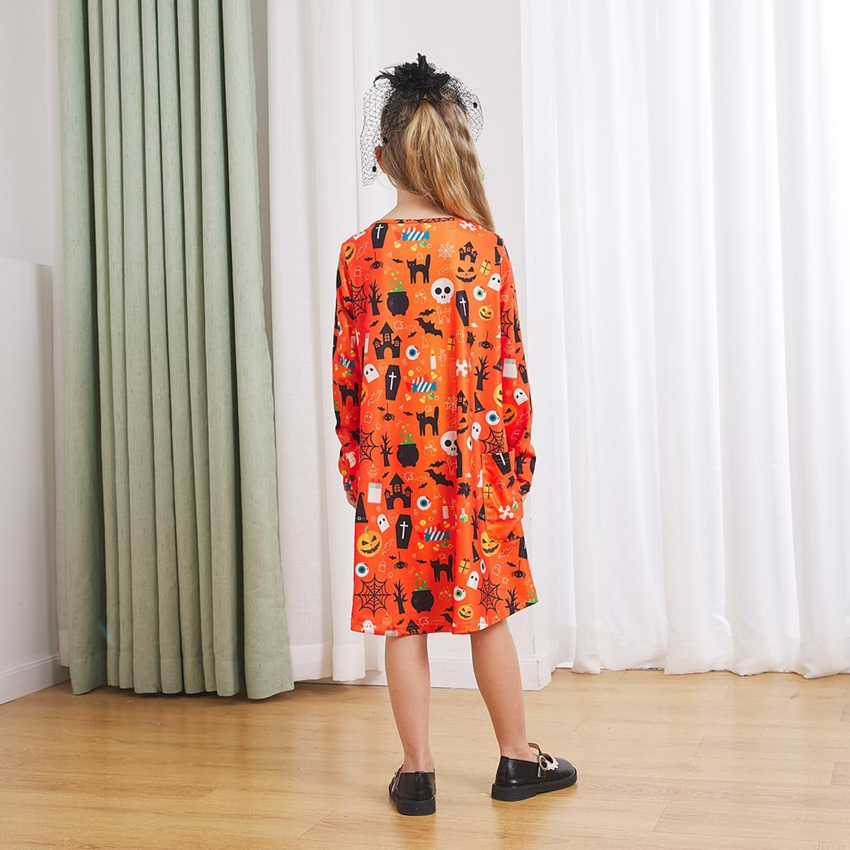 Girls Halloween Costumes Dresses for Kids Costume Dress Long Sleeve Printed Shirt Dresses with Pockets