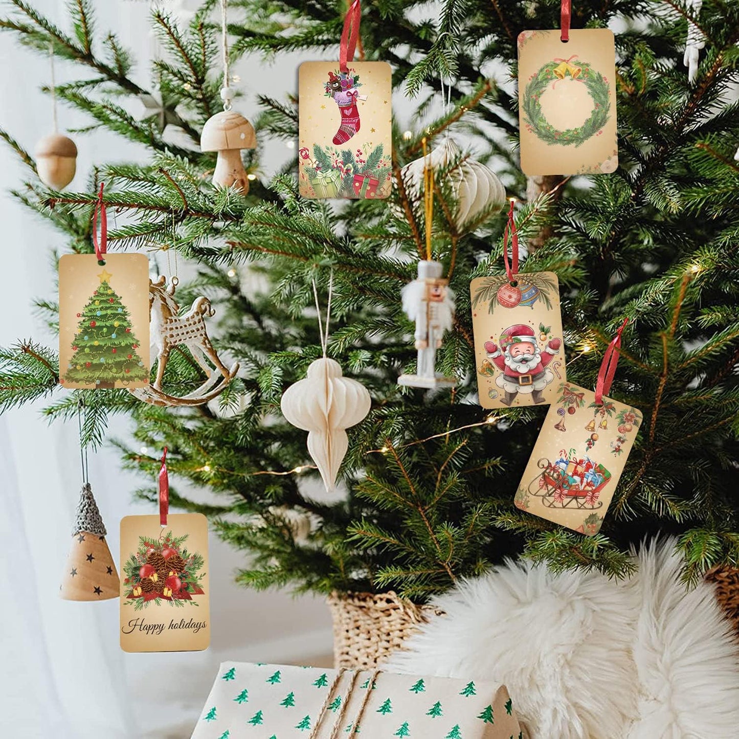 120PCS Vintage Christmas Gift Tags, Retro Xmas Gift Tags with String, Christmas Hanging Tags, Christmas Gift Wrapping Holiday Home Decor(2’’ X 3’’)