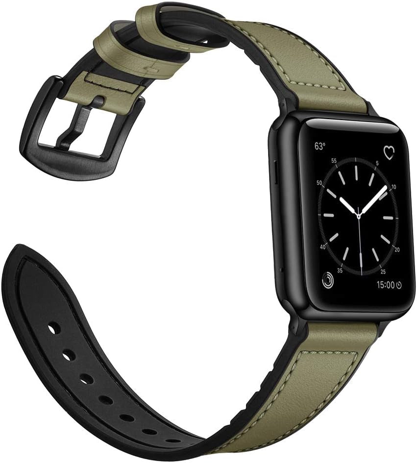Compatible with Apple Watch Band 41Mm 40Mm 38Mm, Sweatproof Genuine Leather and Rubber Hybrid Band Strap for Iwatch Series 9 8 7 6 5 4 3 2 1 SE2 SE, Army Green Band with Black Adapter
