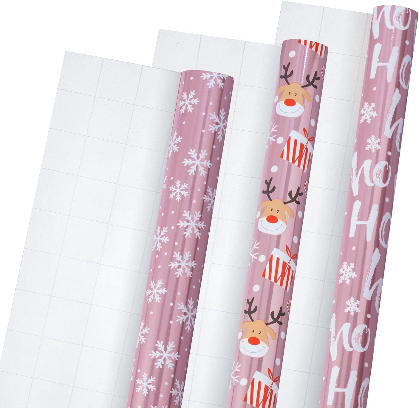 Christmas Wrapping Paper Mini Roll, Pink Metallic Foil Shine Paper - Snowflakes/Santa Claus/Ho Print for Gift Wrap, Arts Crafts - 17 X 120 Inches - 3 Rolls (42.5 Sq.Ft.Ttl.)